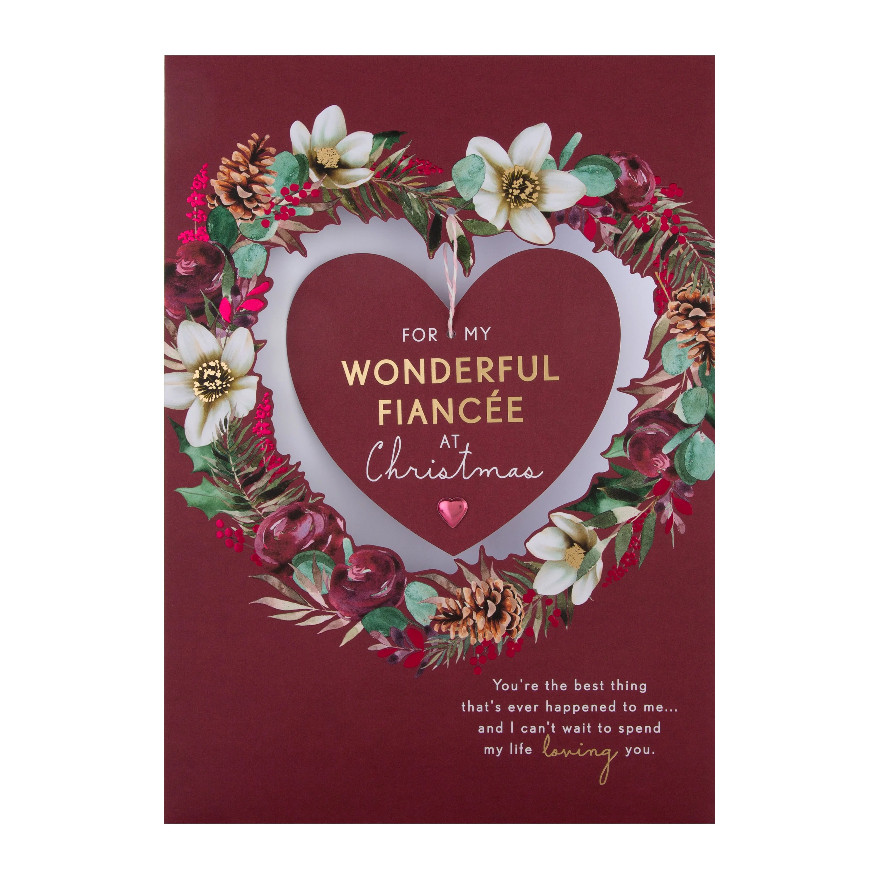 Large Luxury Boxed Christmas Card for Fiancée - Traditional Heart and Wreath Design - Image 5