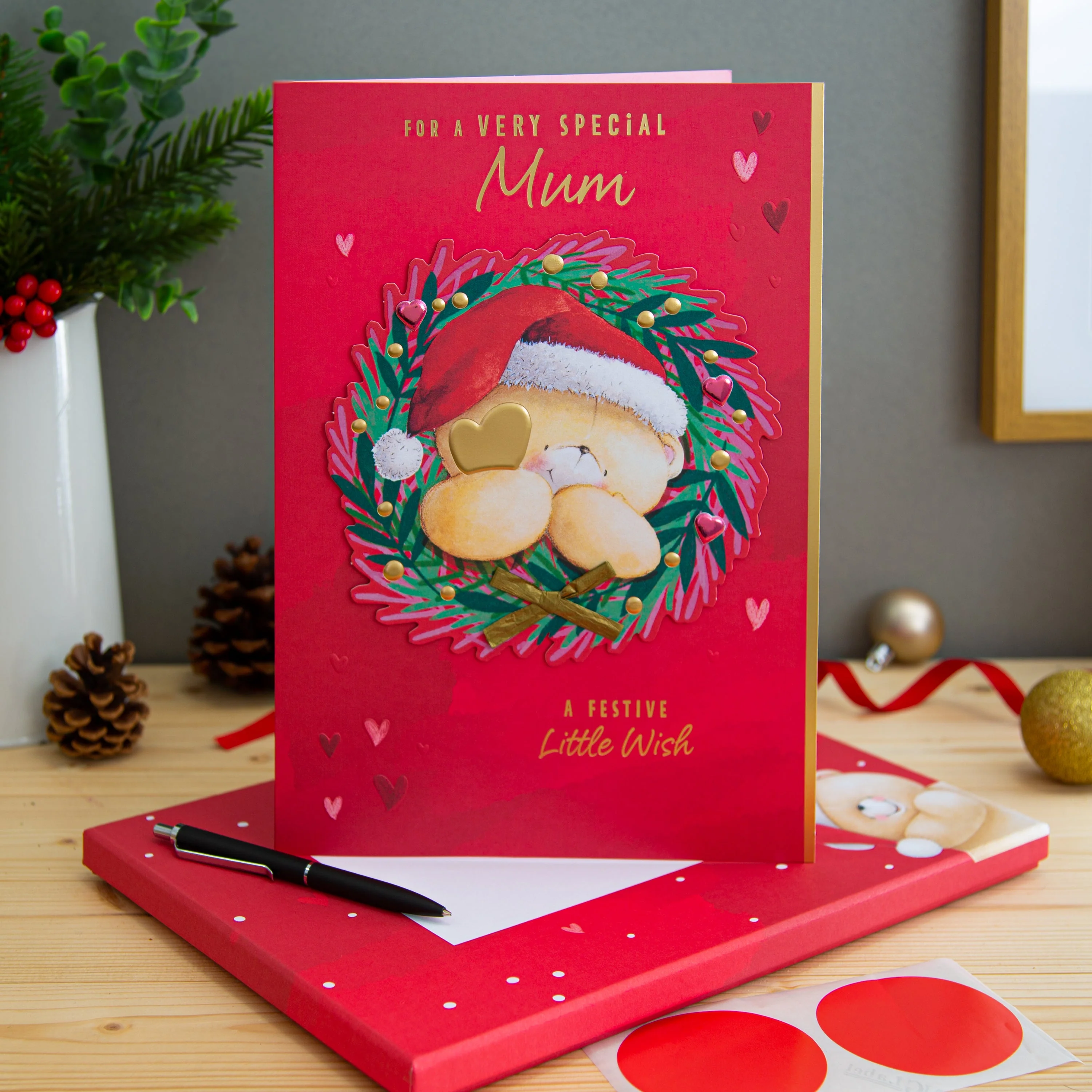 Large Luxury Boxed Christmas Card for Mum - Cute Forever Friends Bear in Wreath Design