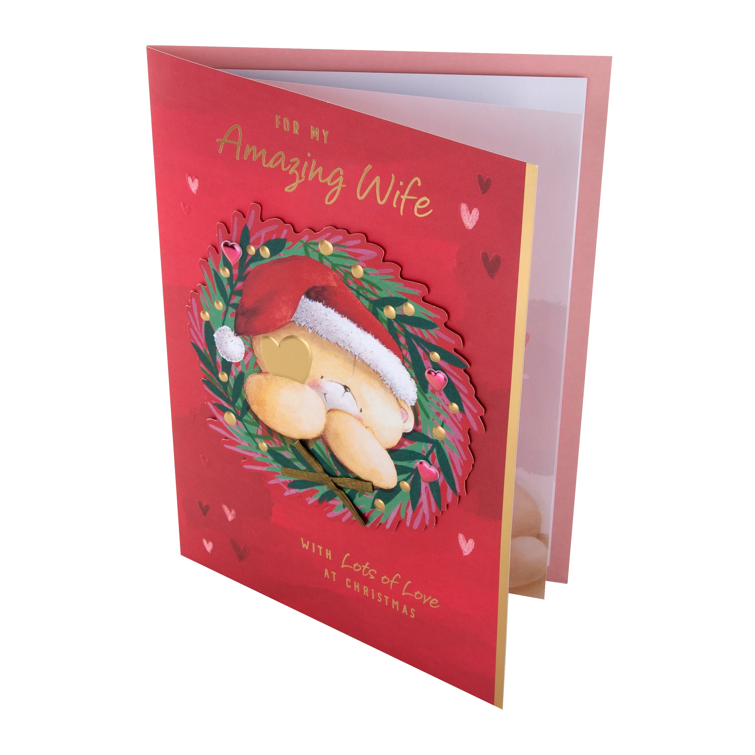Large Luxury Boxed Christmas Card for Wife - Cute Forever Friends Bear in Wreath Design - Image 6