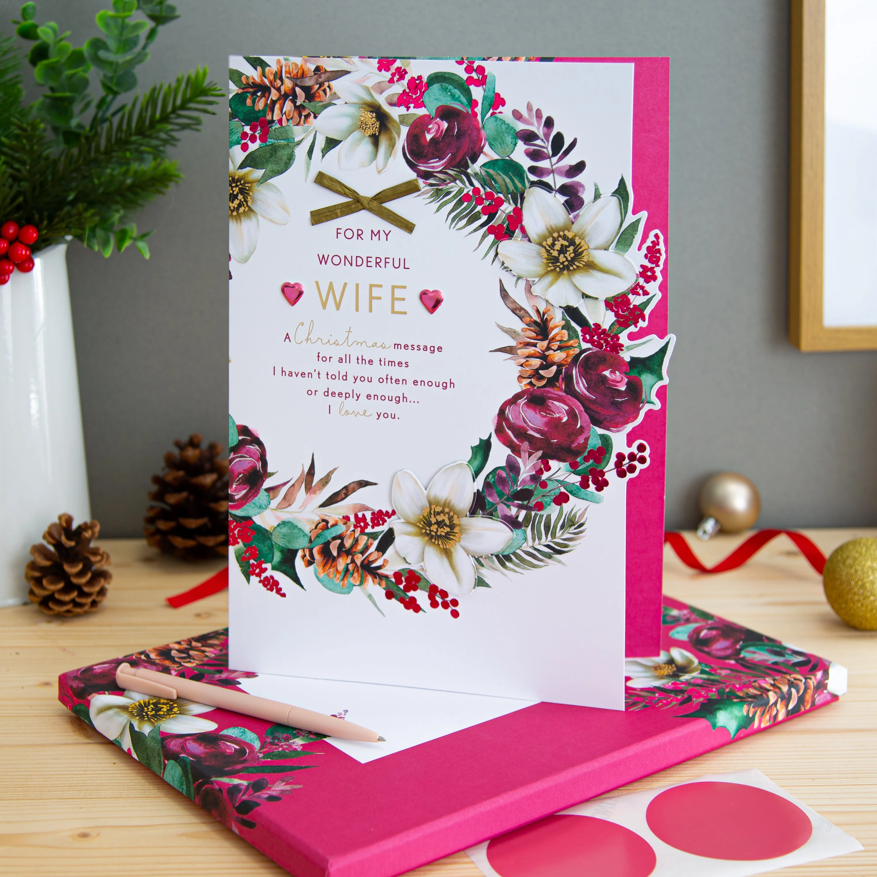 Large Luxury Boxed Christmas Card for Wife - Traditional Wreath and Verse Design