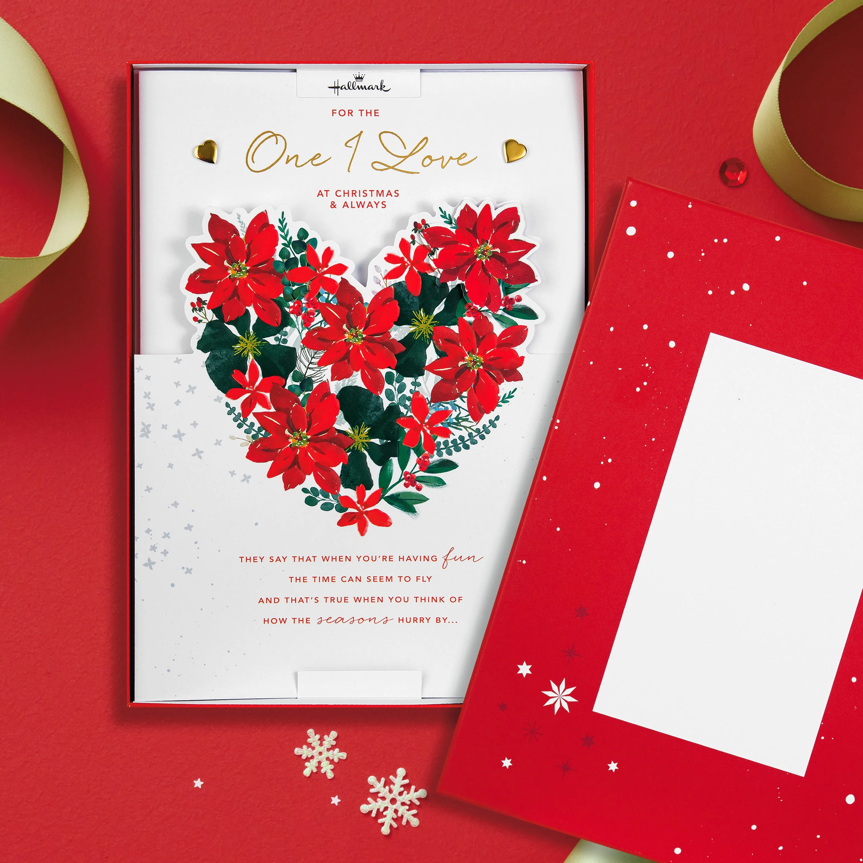 Luxury Boxed Christmas Card for One I Love - Traditional Illustrated Poinsettia Heart Design
