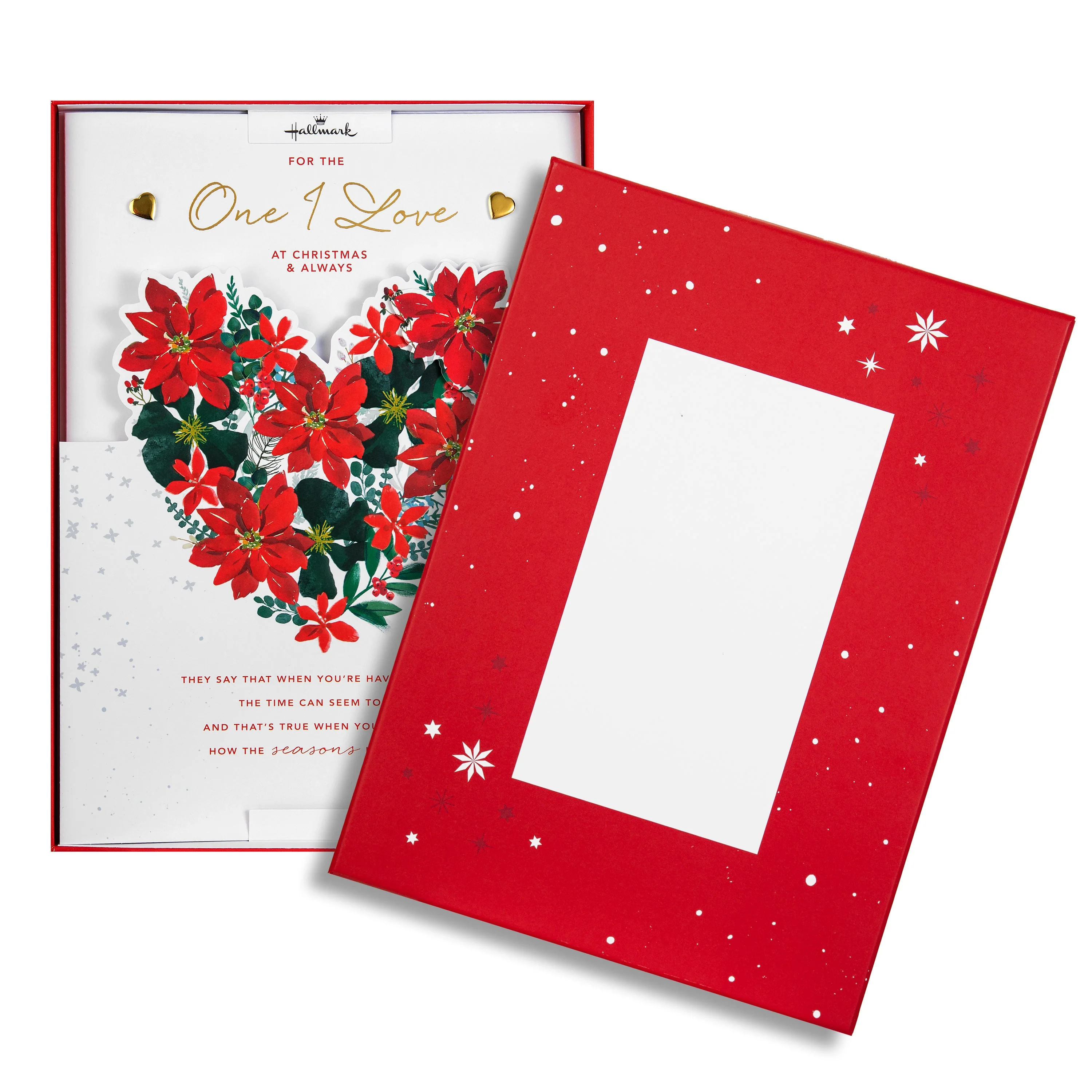 Luxury Boxed Christmas Card for One I Love - Traditional Illustrated Poinsettia Heart Design - Image 2