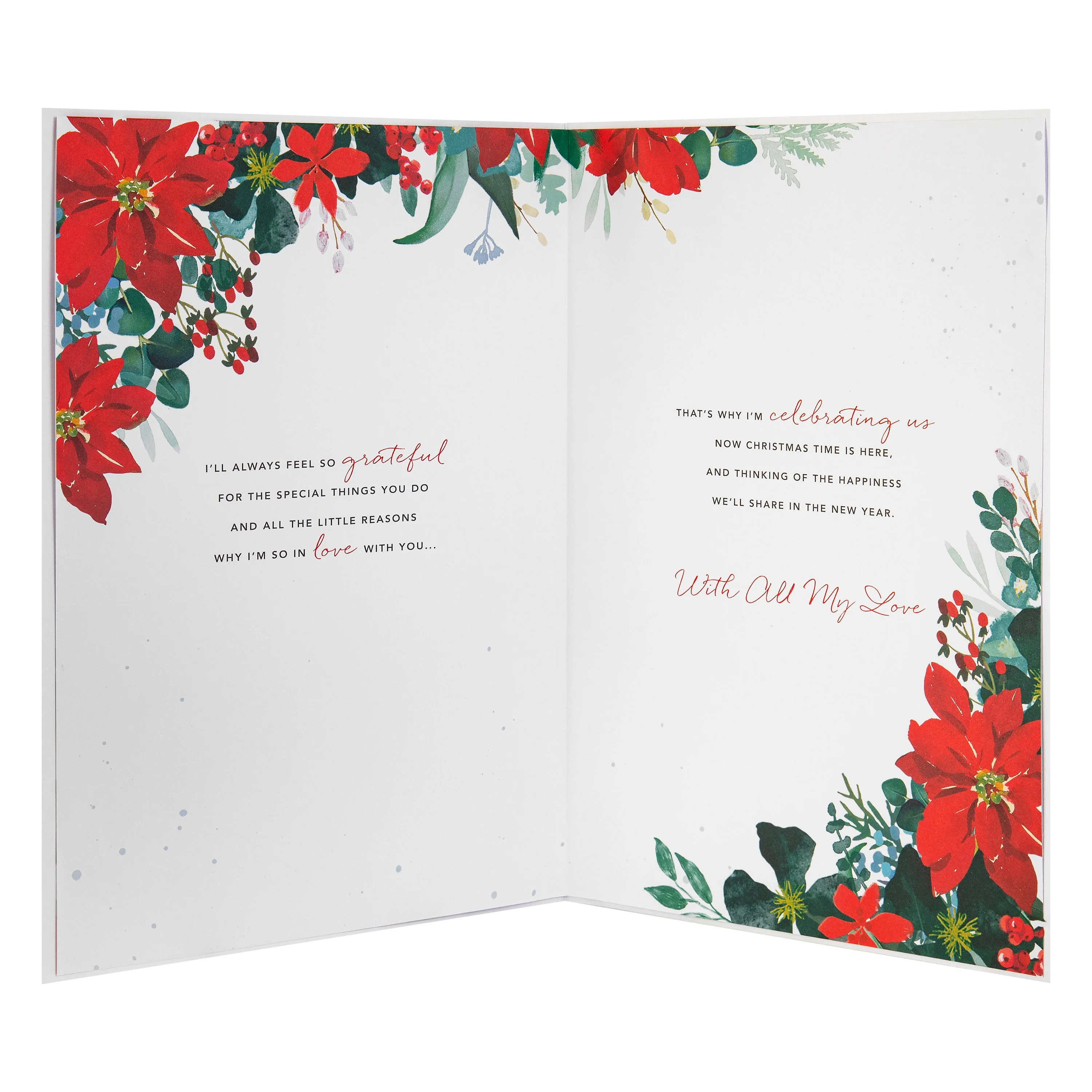 Luxury Boxed Christmas Card for One I Love - Traditional Illustrated Poinsettia Heart Design - Image 4