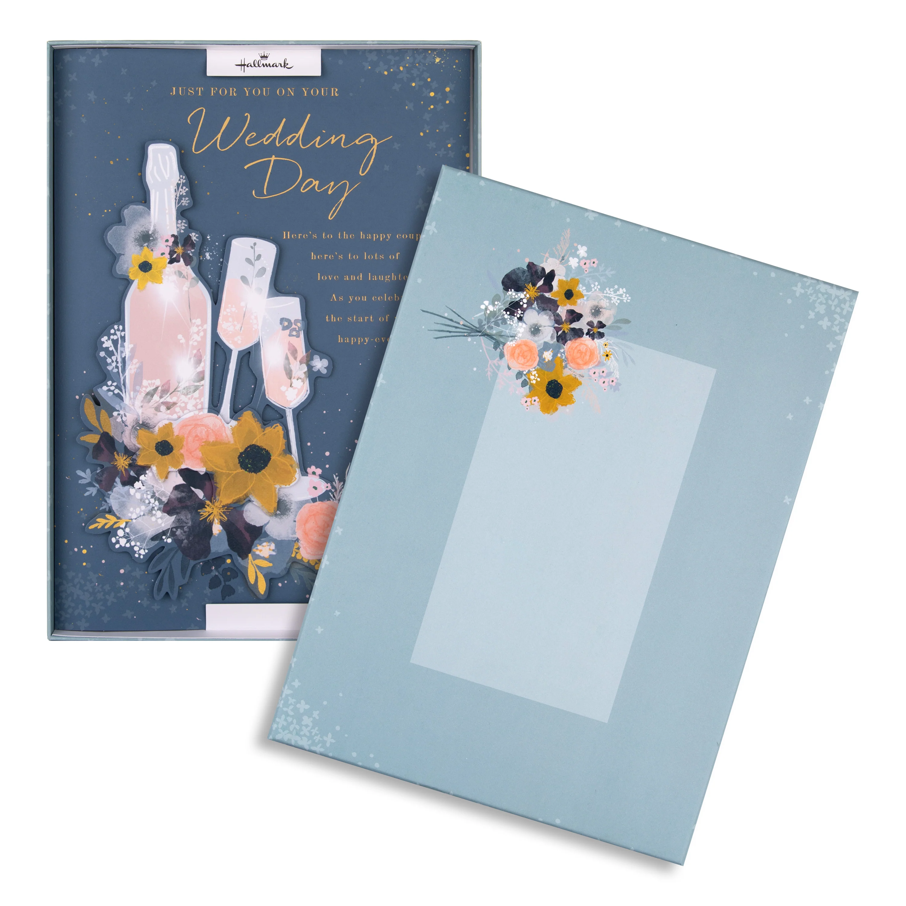 Luxury Boxed Wedding Congratulations Card - Traditional Illustrated Bottle & Glasses Design - Image 2