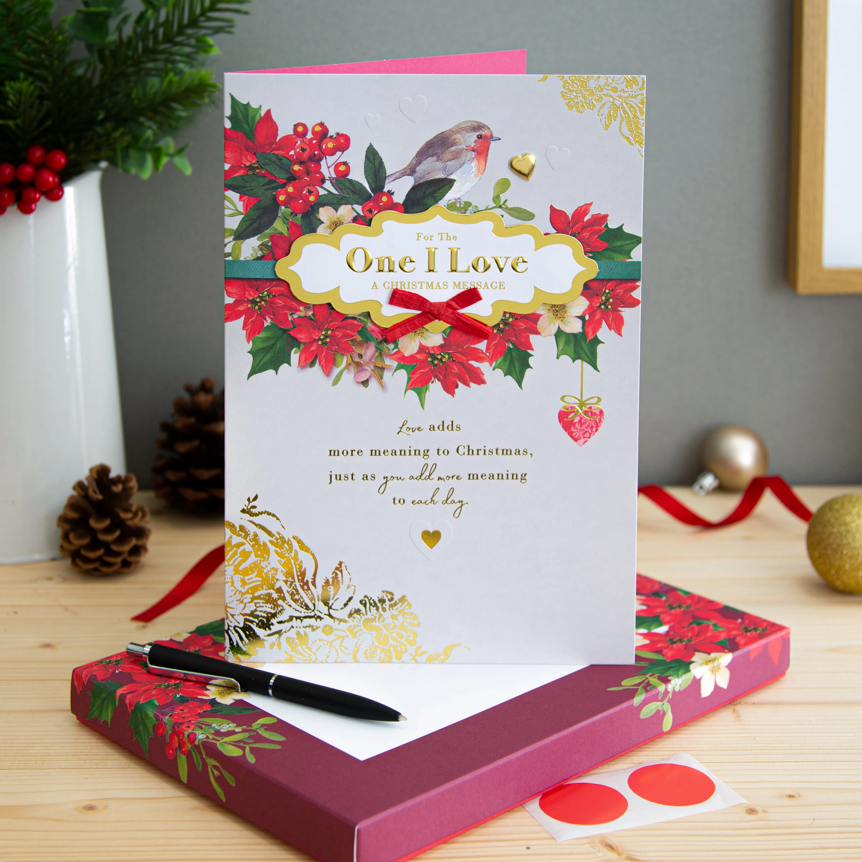 Medium Luxury Boxed Christmas Card for One I Love - Traditional Robin and Foliage Design