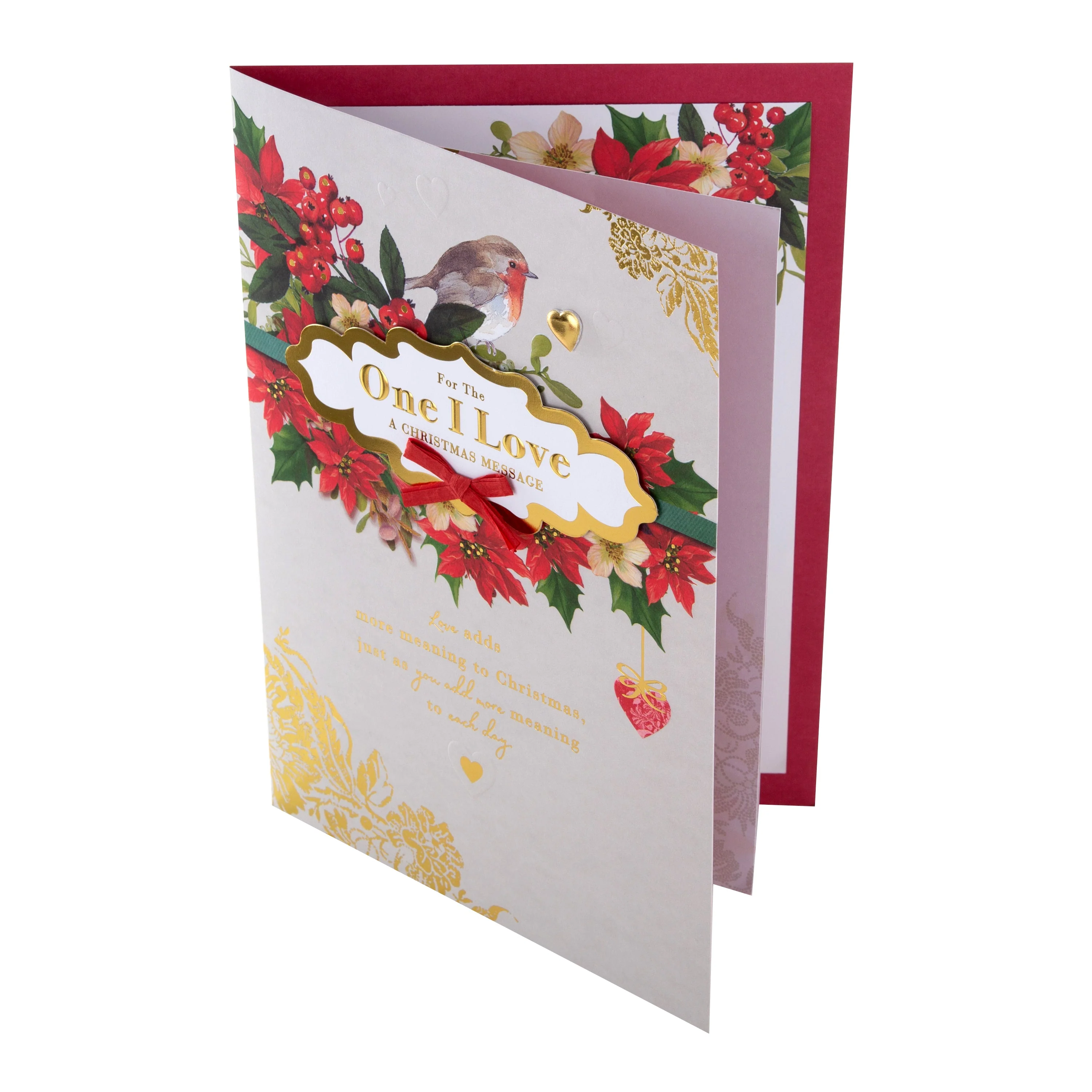 Medium Luxury Boxed Christmas Card for One I Love - Traditional Robin and Foliage Design - Image 6