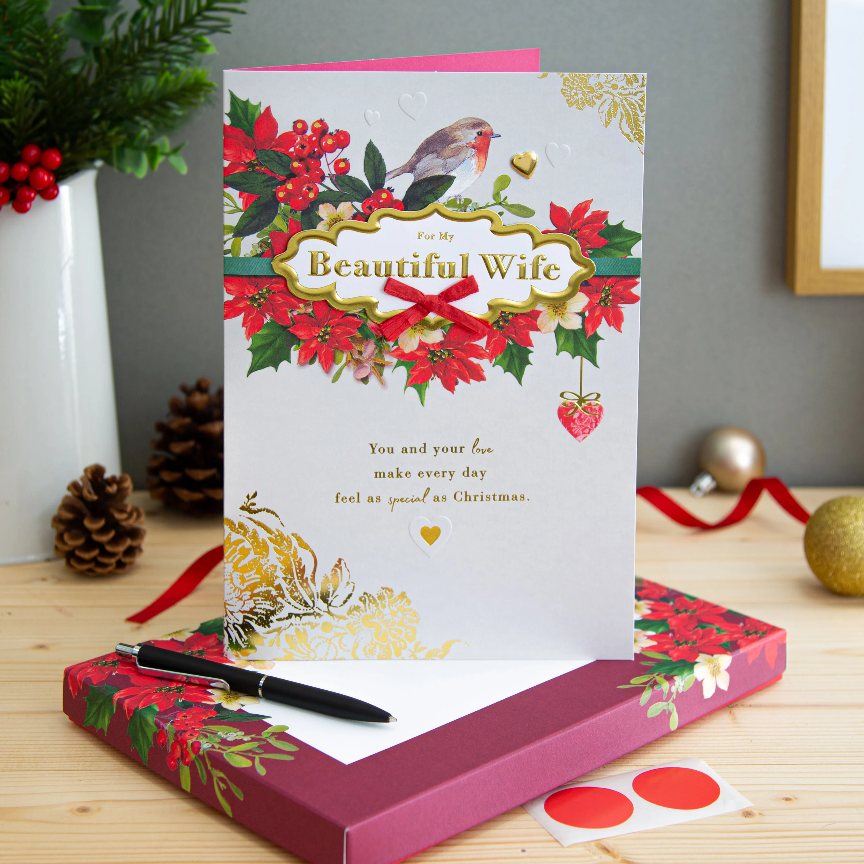 Medium Luxury Boxed Christmas Card for Wife - Traditional Robin and Foliage Design