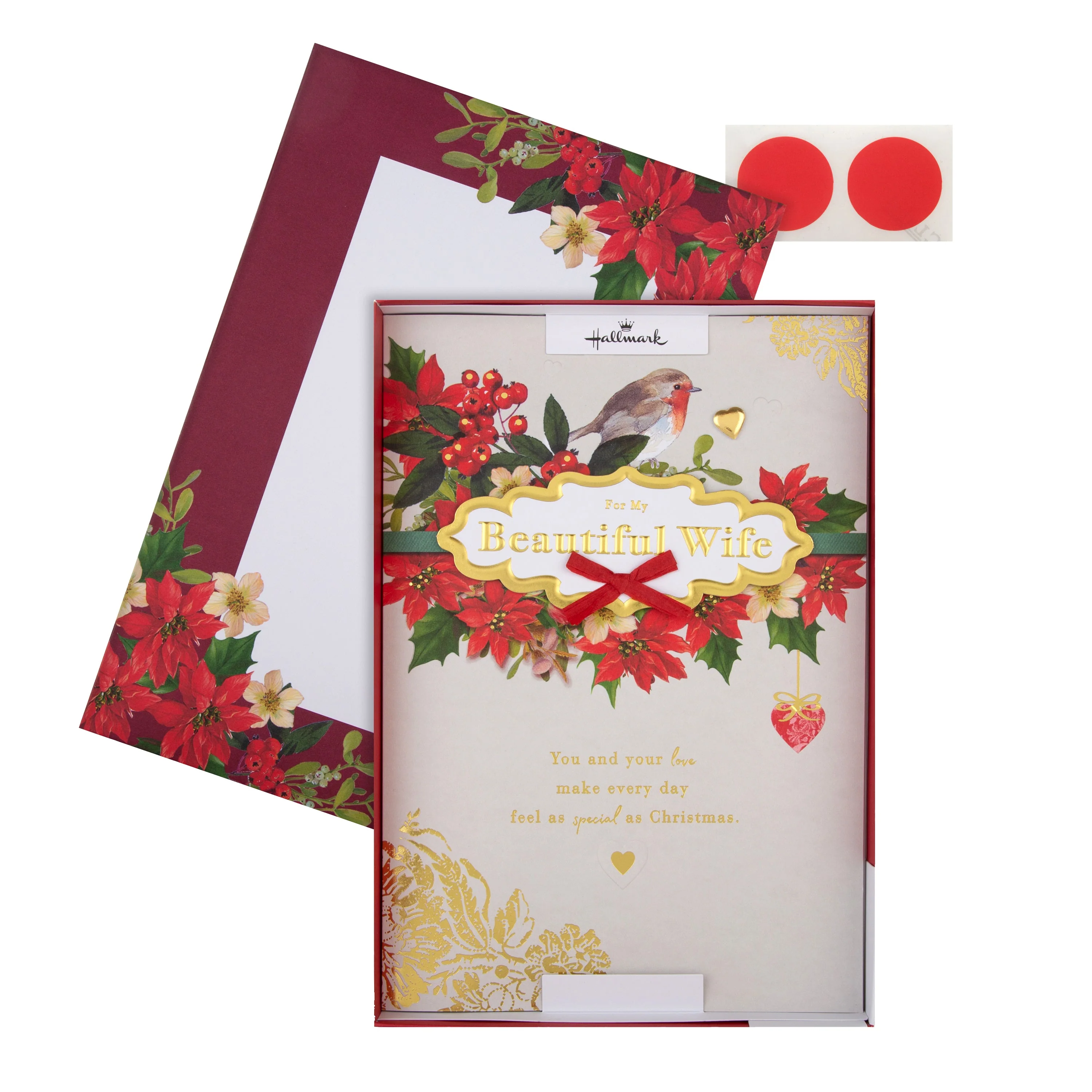 Medium Luxury Boxed Christmas Card for Wife - Traditional Robin and Foliage Design - Image 2