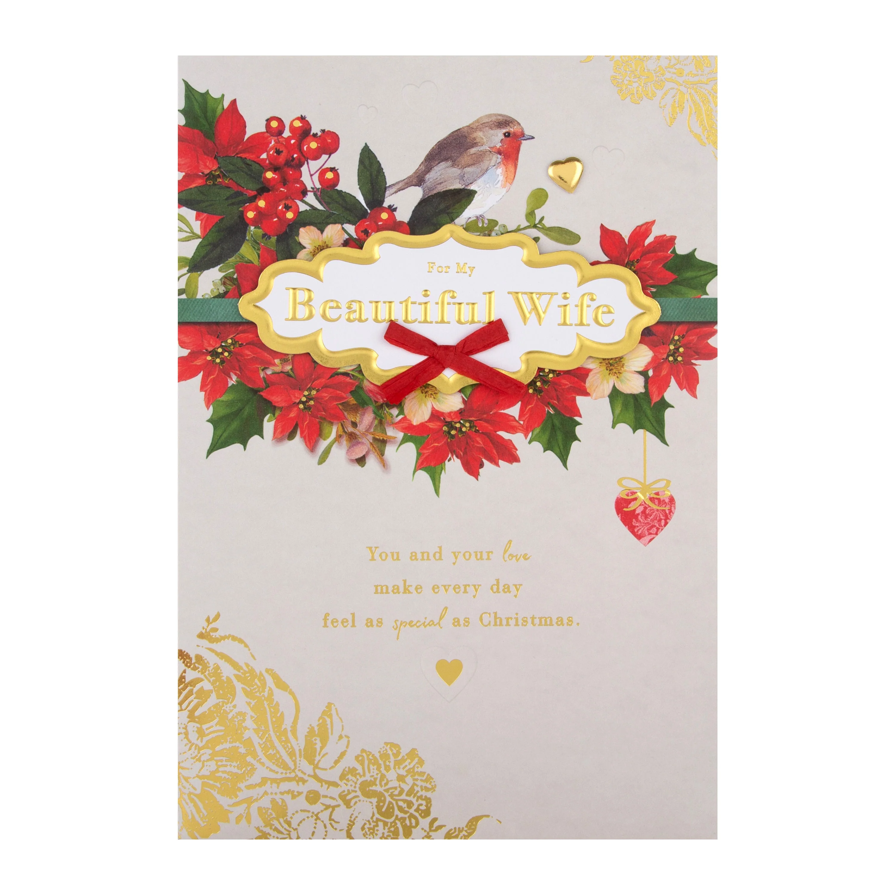 Medium Luxury Boxed Christmas Card for Wife - Traditional Robin and Foliage Design - Image 5