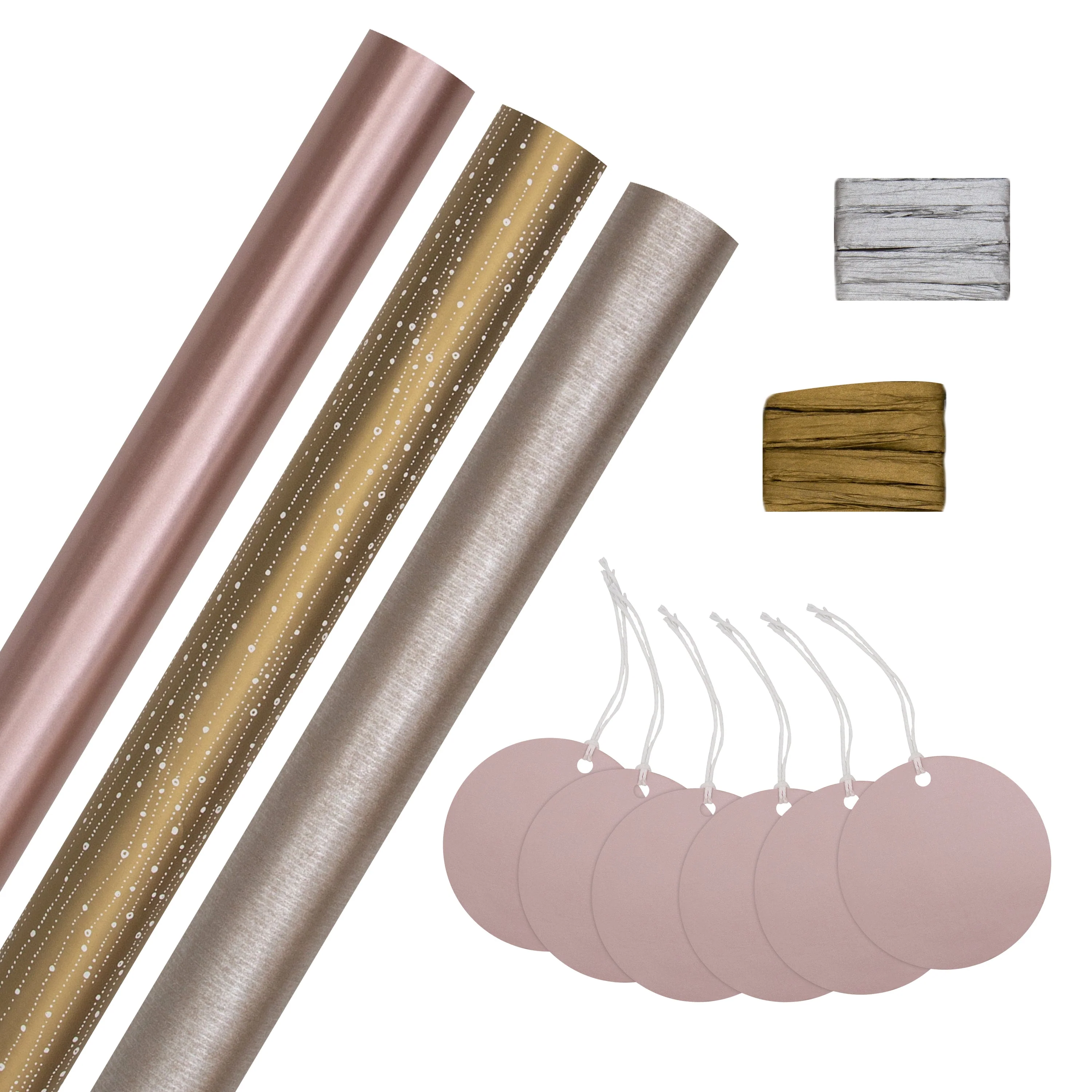Metallic Christmas Wrapping Paper Pack - 3 Gift Wraps, 6 Tags & 2 Rolls of Ribbon