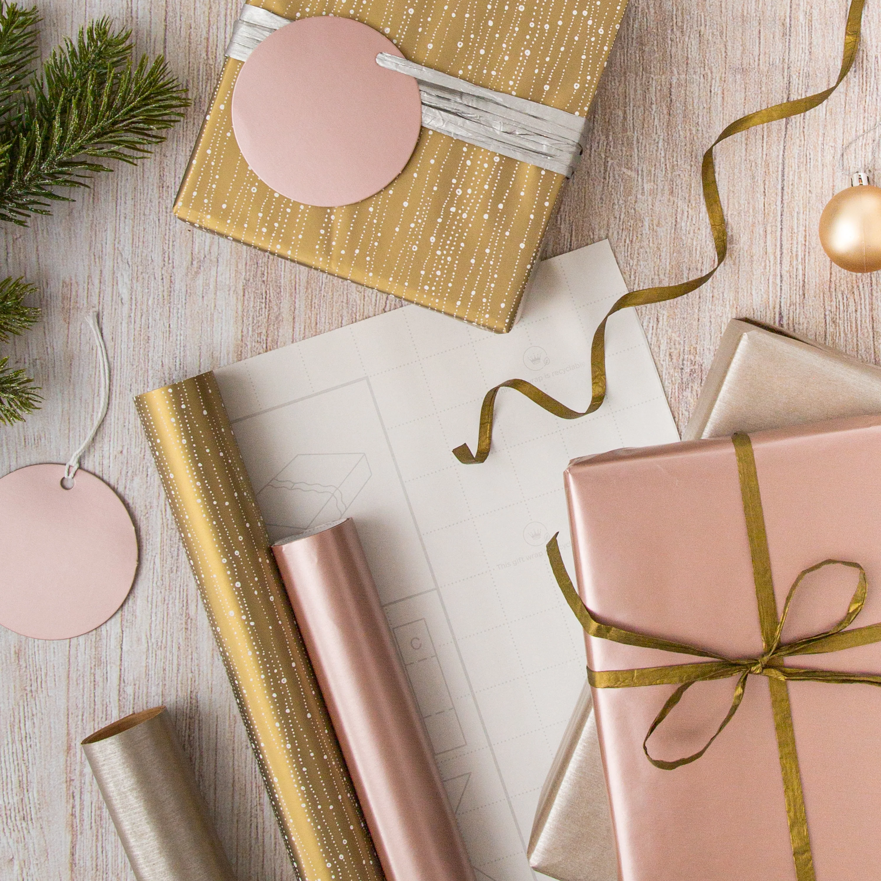 Metallic Christmas Wrapping Paper Pack - 3 Gift Wraps, 6 Tags & 2 Rolls of Ribbon - Image 2