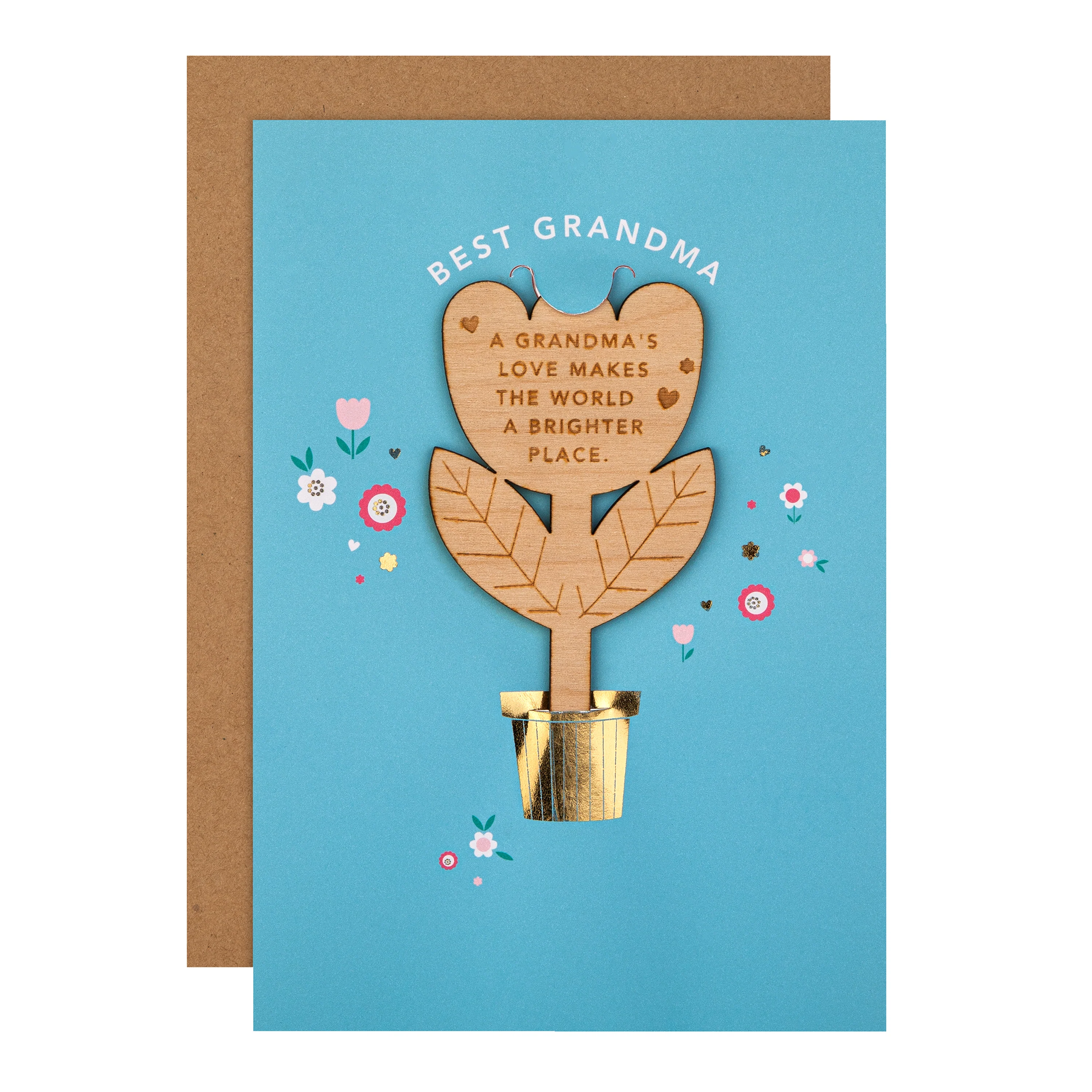 Mother's Day Card for Grandma - Blue Design with Wooden Keepsake