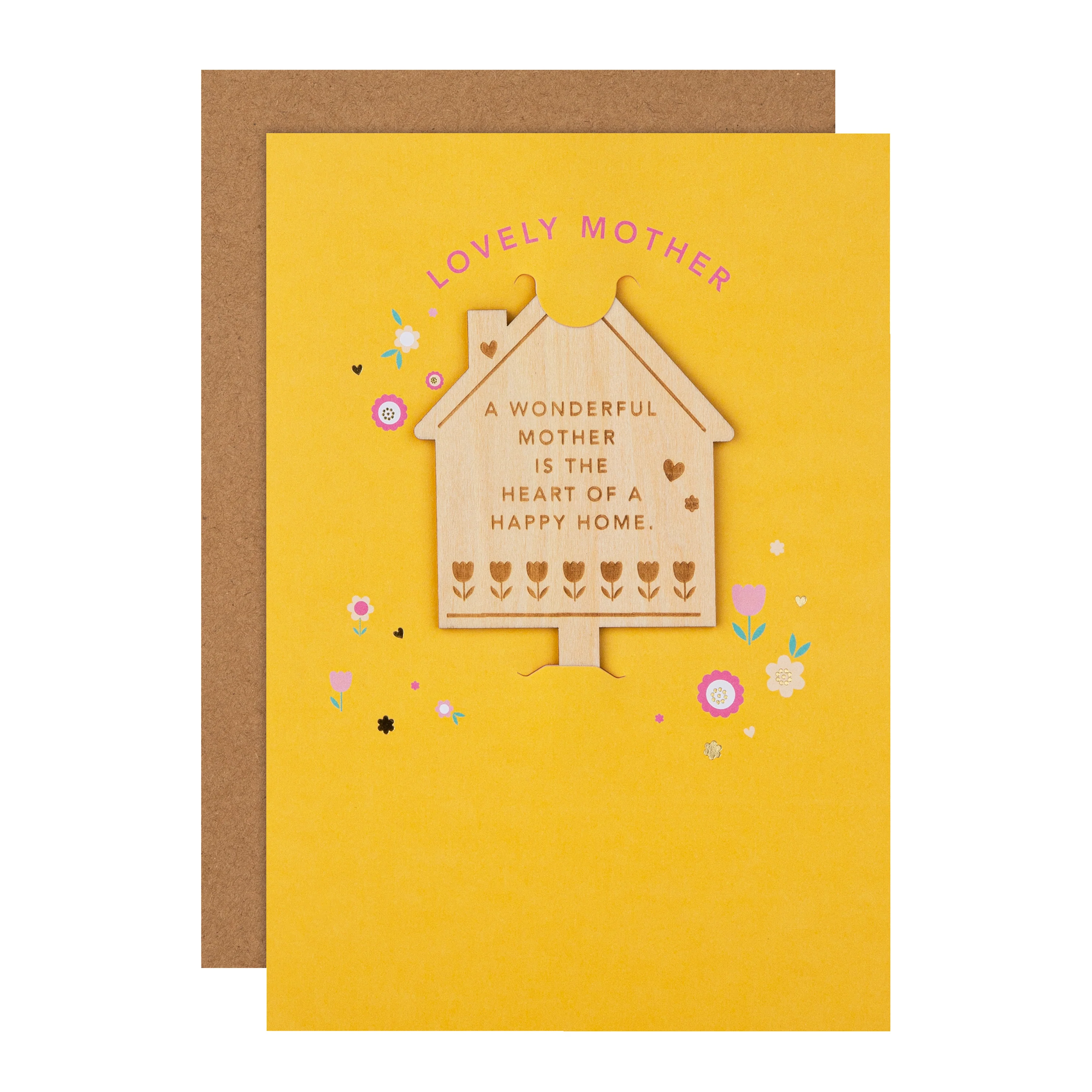 Mother's Day Card for Mother - Yellow House Design with Wooden Keepsake