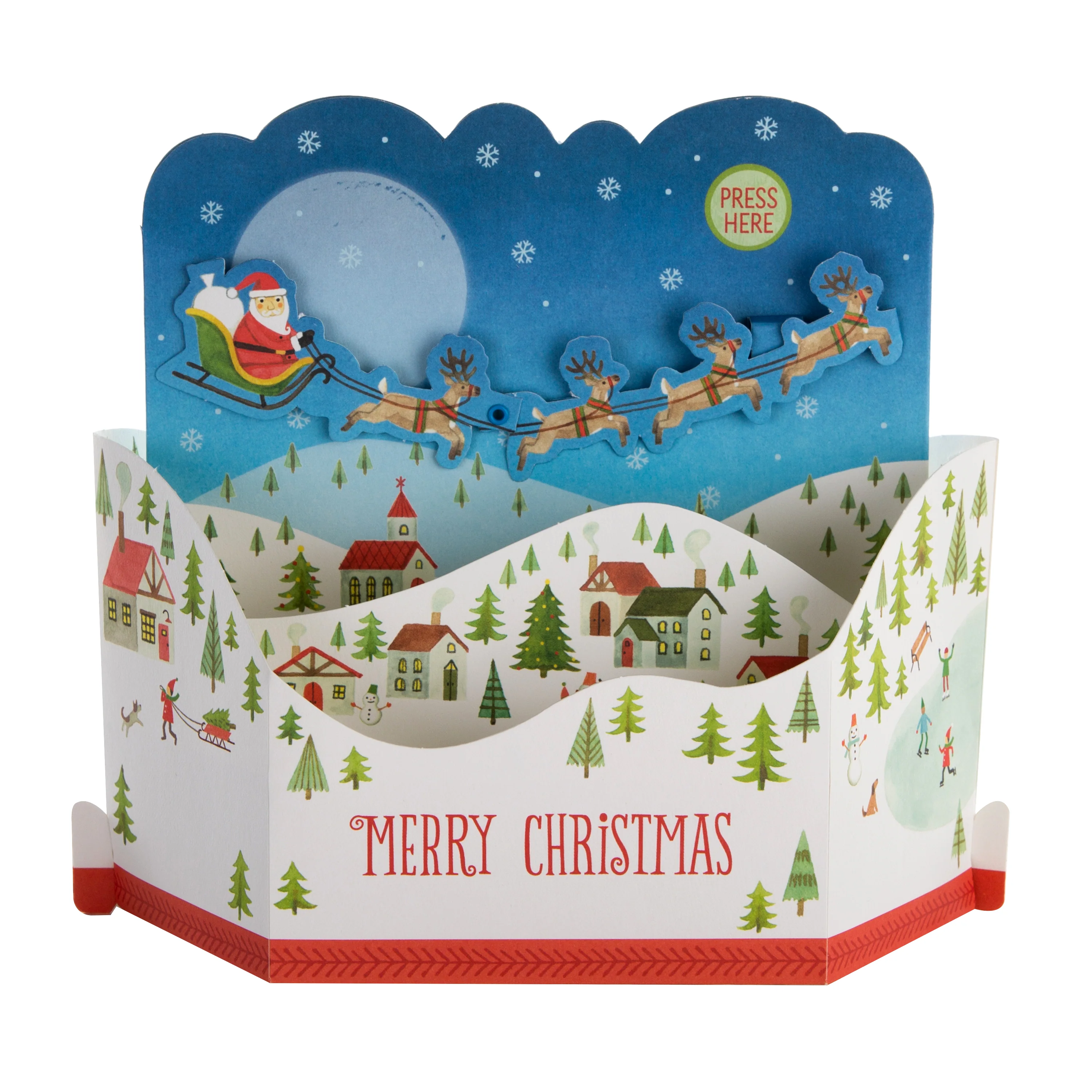 Musical Christmas Paper Wonder Card - 3D Pop Up Here Comes Santa Claus Sleigh Motion Design