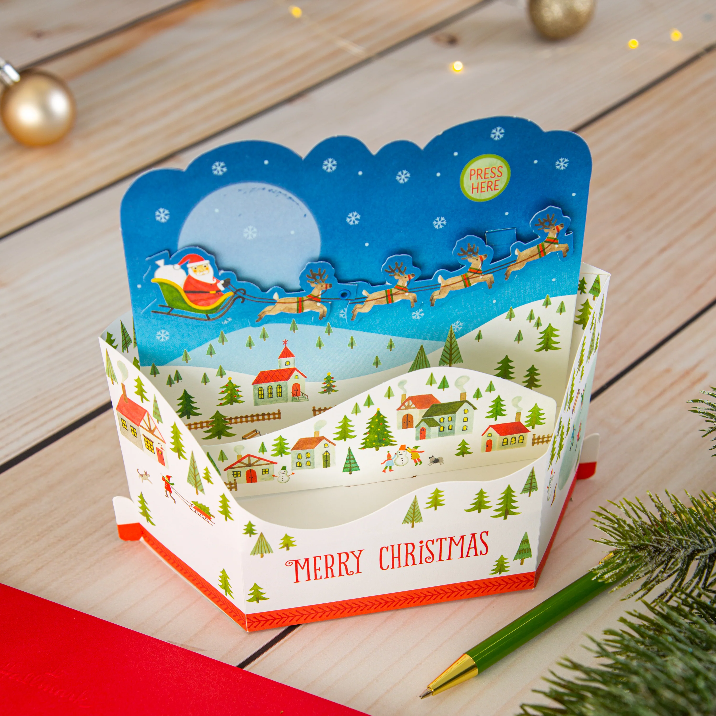 Musical Christmas Paper Wonder Card - 3D Pop Up Here Comes Santa Claus Sleigh Motion Design - Image 2