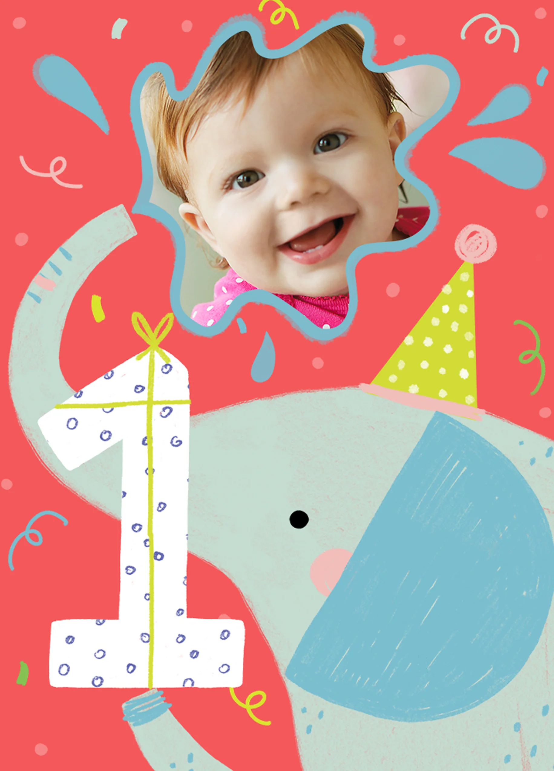 Personalised 1st Birthday Colourful Elephant Photo Upload Card