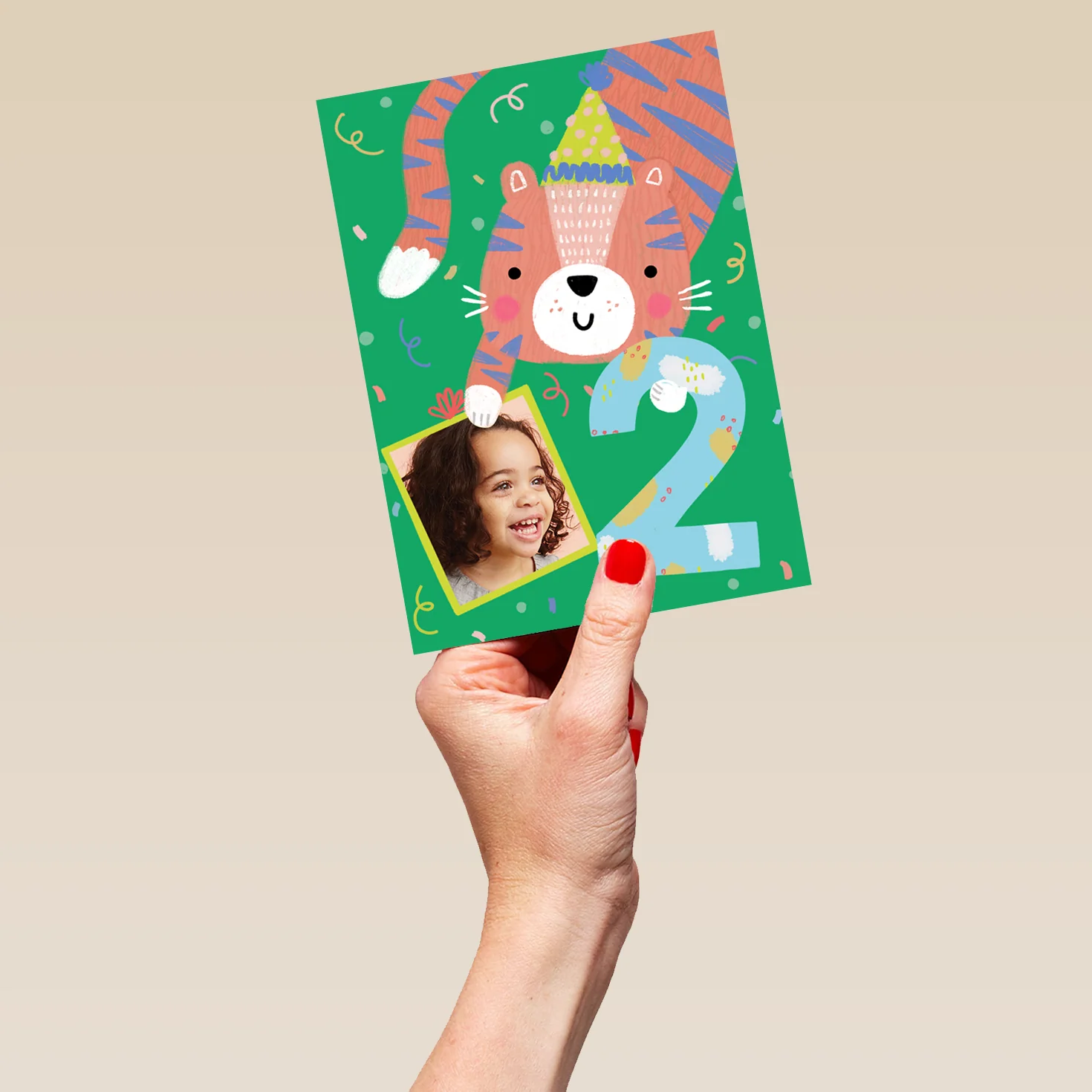 Personalised 2nd Birthday Colourful Tiger Photo Upload Card - Image 5