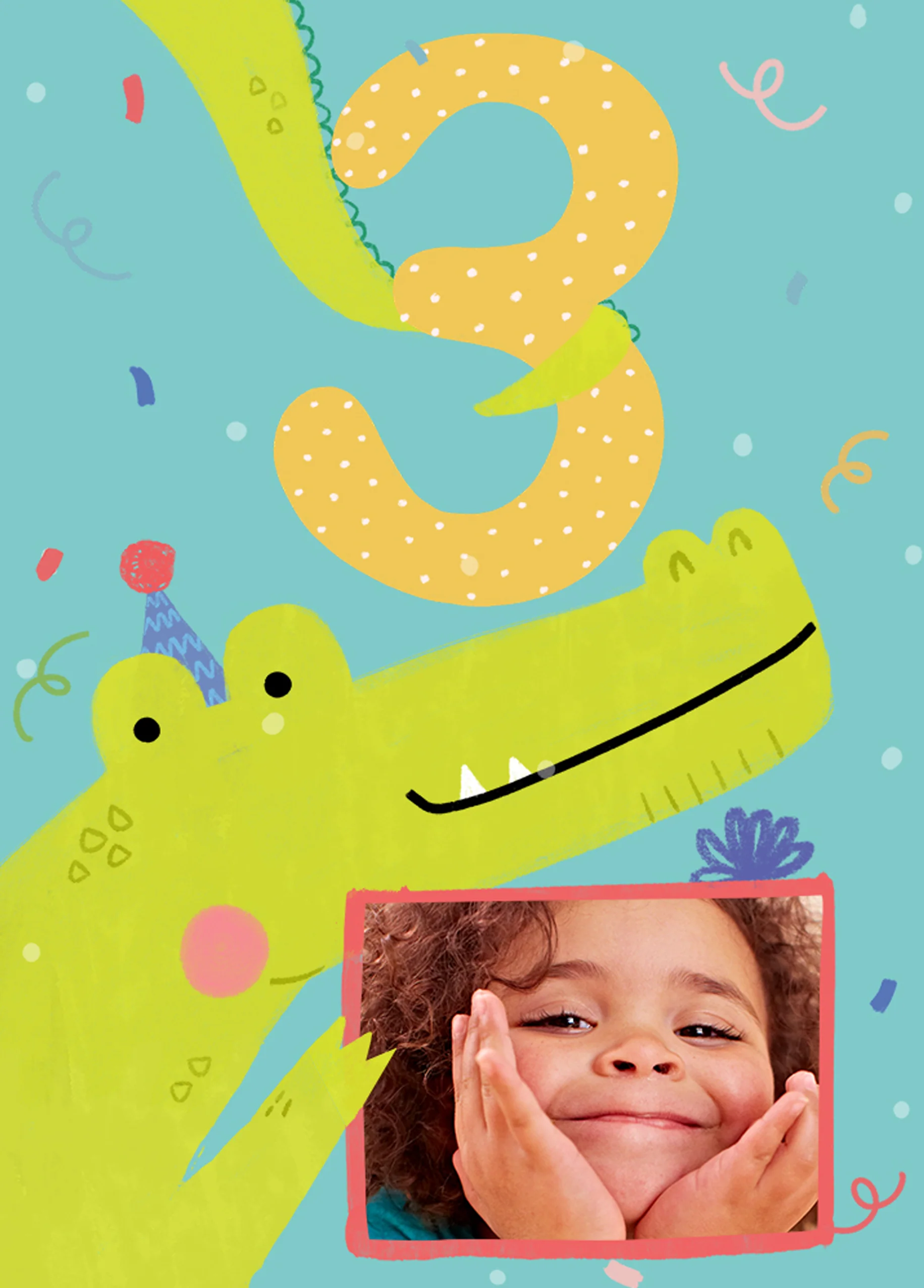 Personalised 3rd Birthday Colourful Crocodile Photo Upload Card