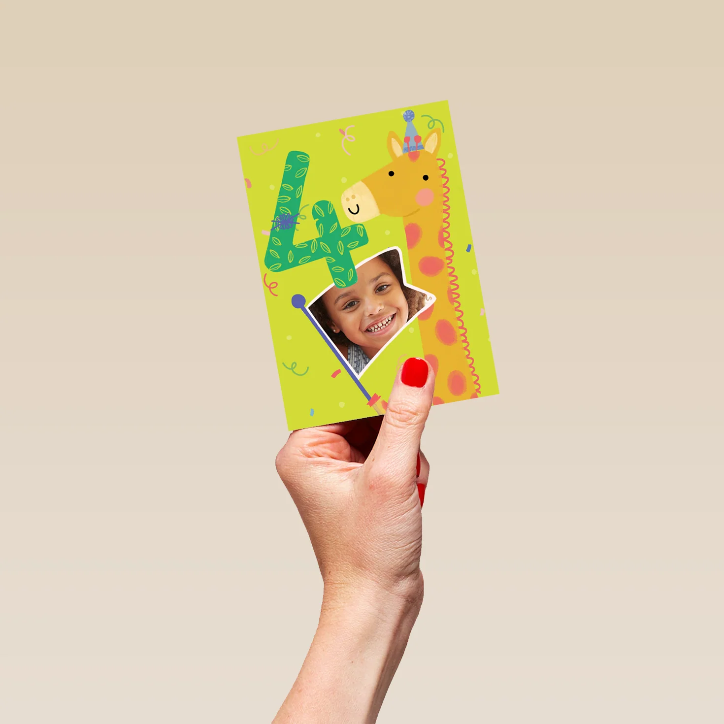 Personalised 4th Birthday Colourful Giraffe Photo Upload Card - Image 4