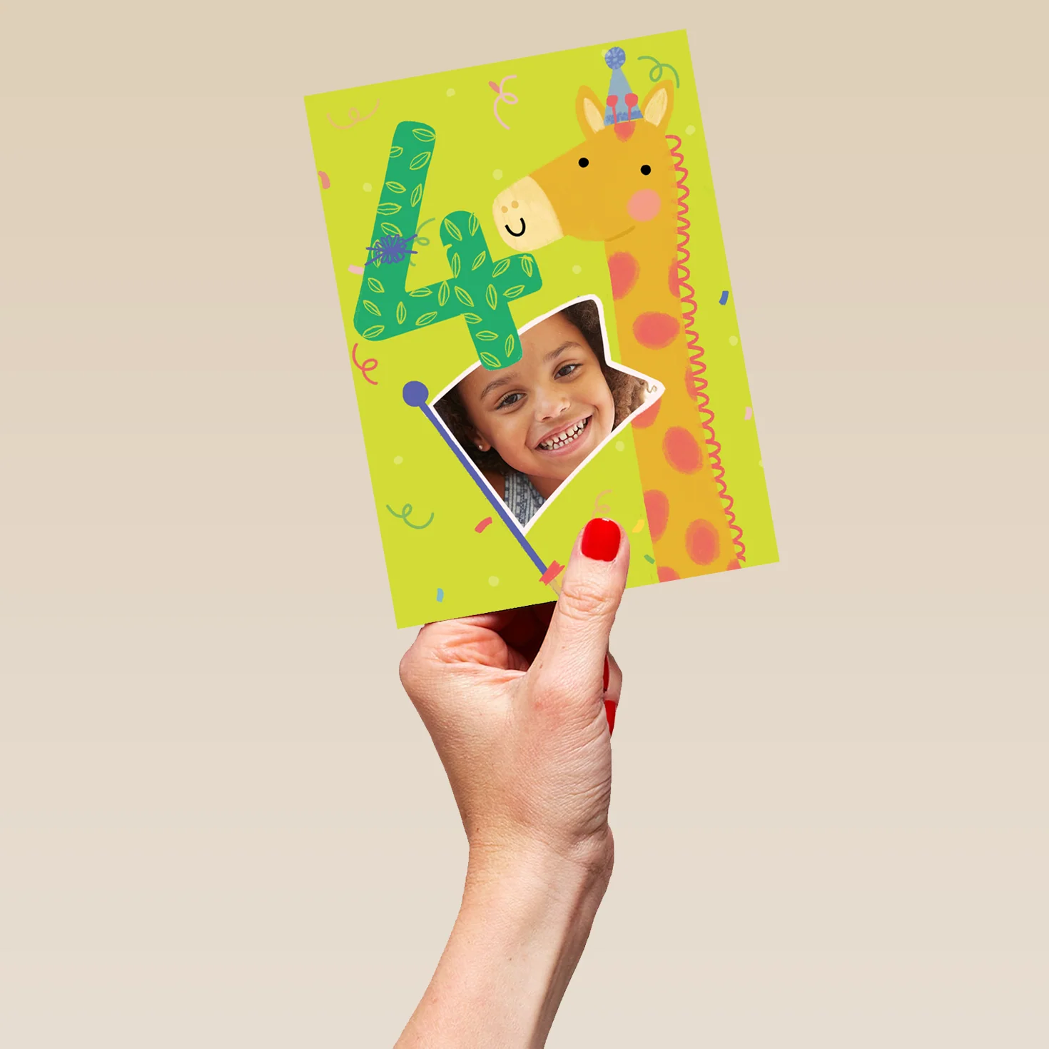 Personalised 4th Birthday Colourful Giraffe Photo Upload Card - Image 5