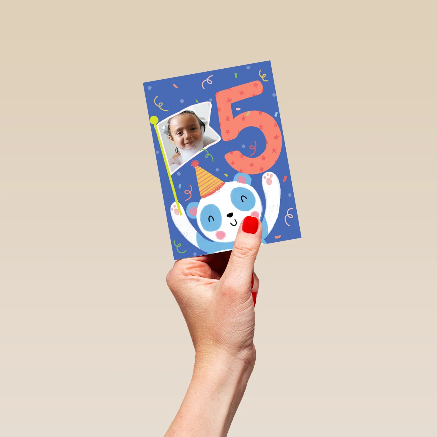 Personalised 5th Birthday Colourful Panda Photo Upload Card - Image 4