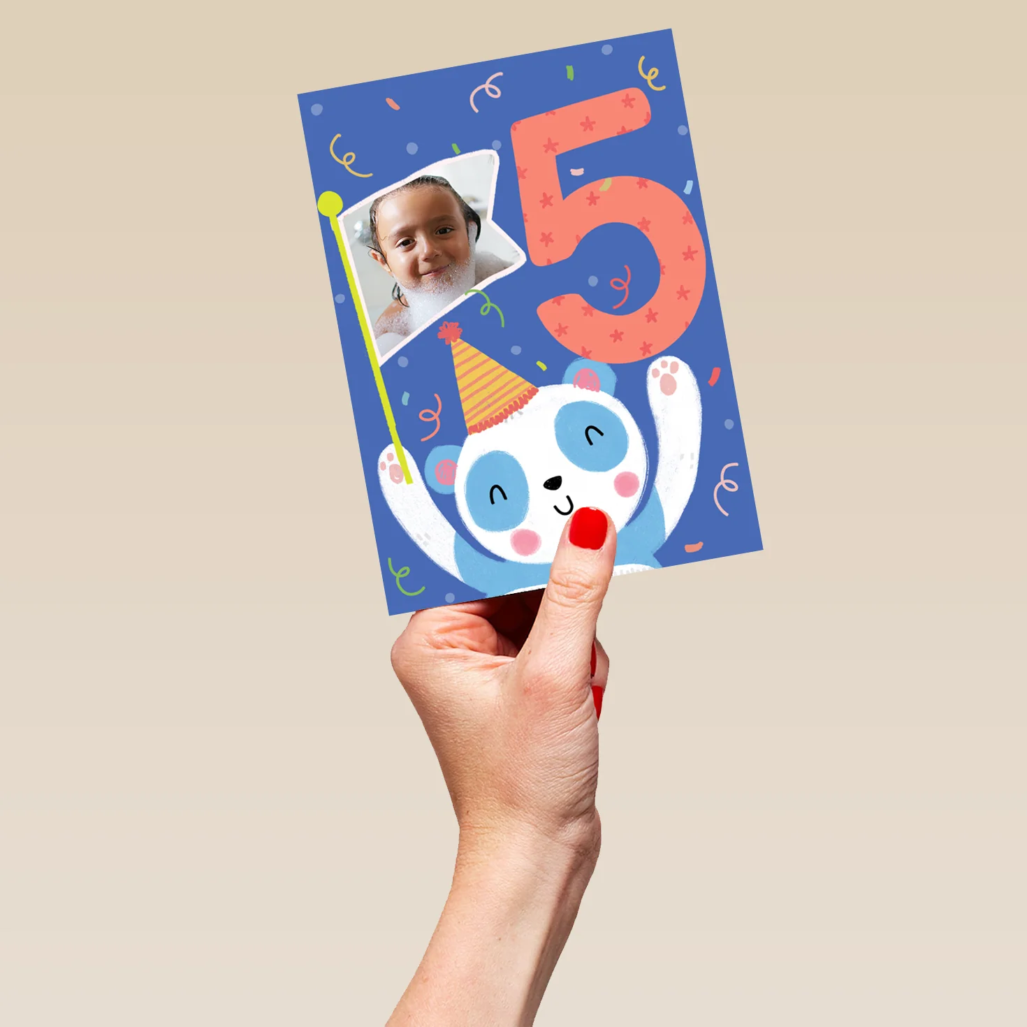 Personalised 5th Birthday Colourful Panda Photo Upload Card - Image 5