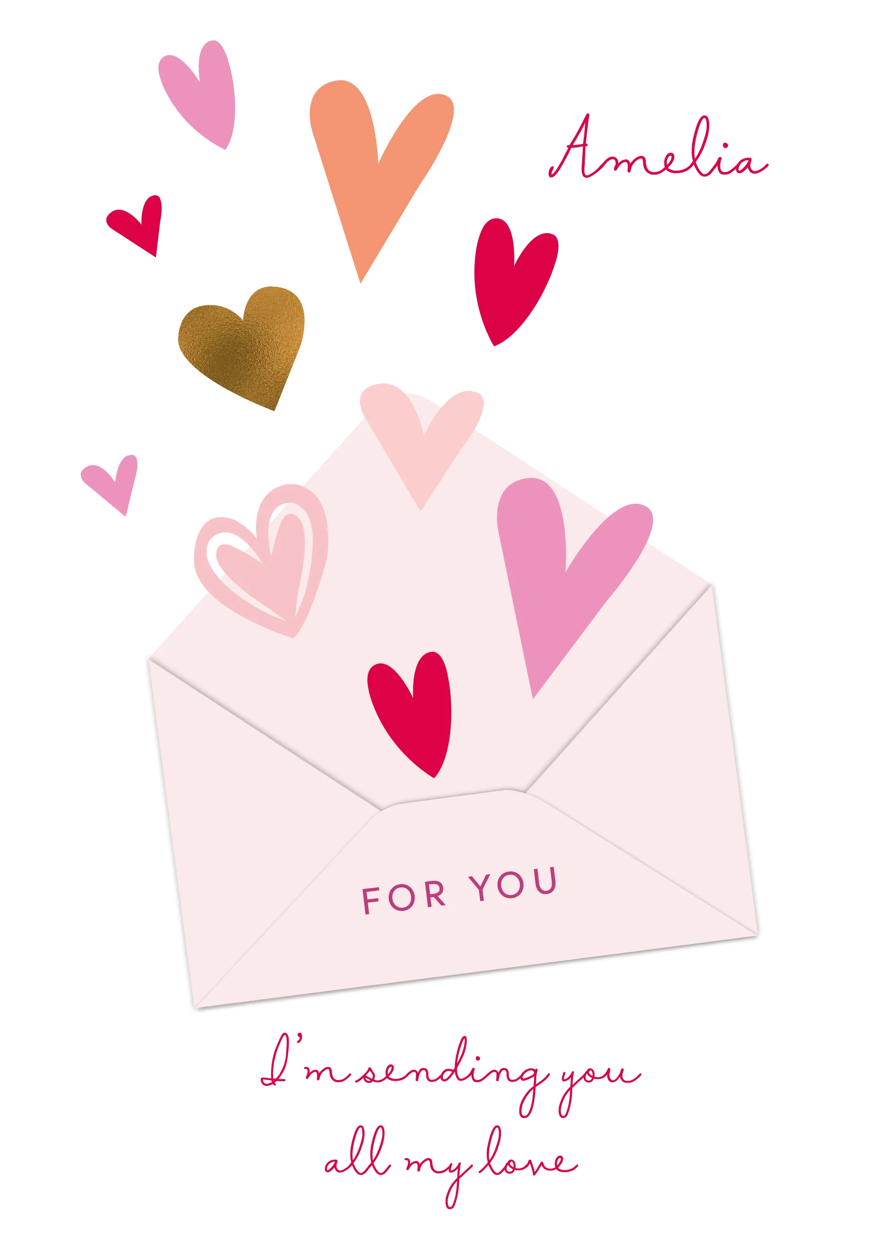 Personalised & Editable Envelope & Hearts Valentine's Day Card
