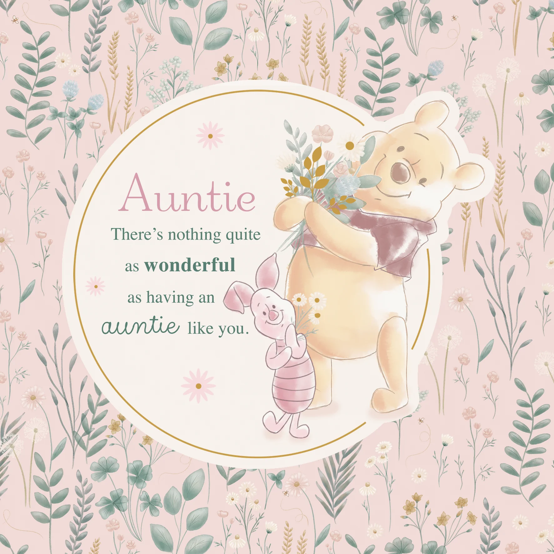 Personalised Auntie Pink Floral Winnie the Pooh Birthday Card