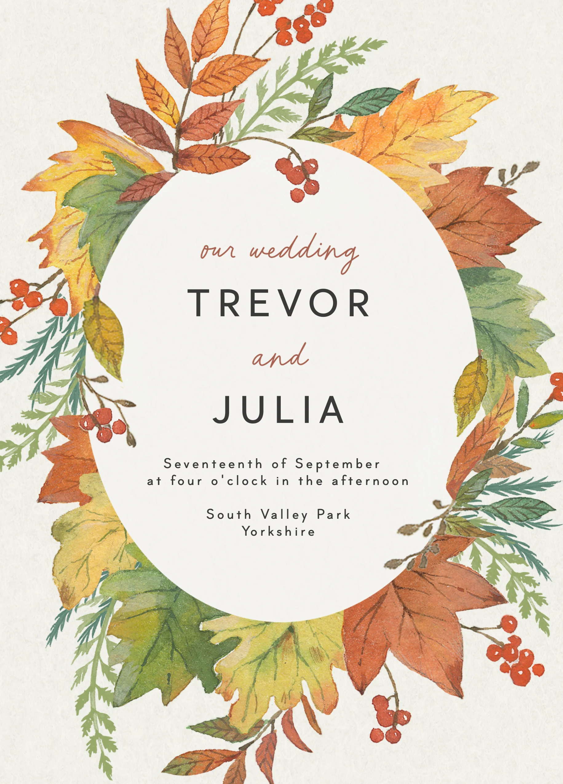 Personalised 'Autumn Wreath' Wedding Invitation