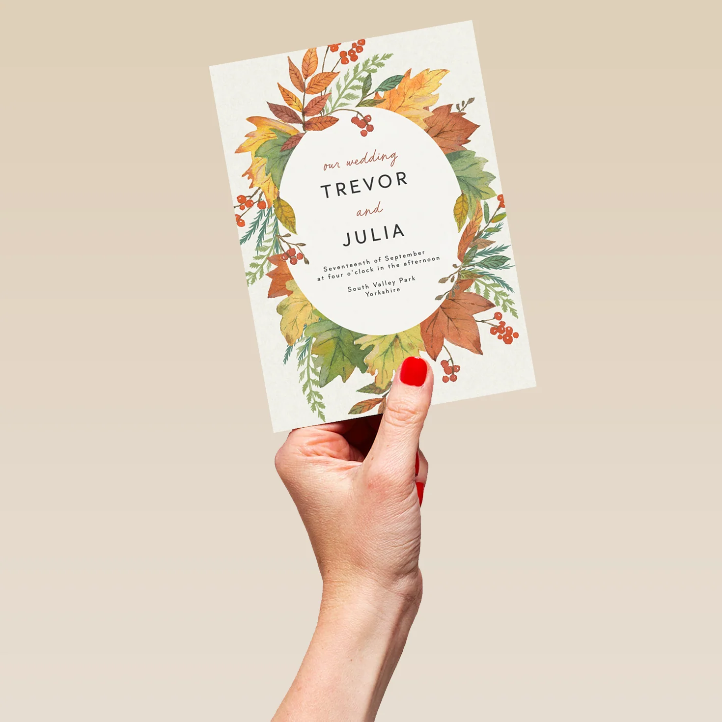Personalised 'Autumn Wreath' Wedding Invitation - Image 5