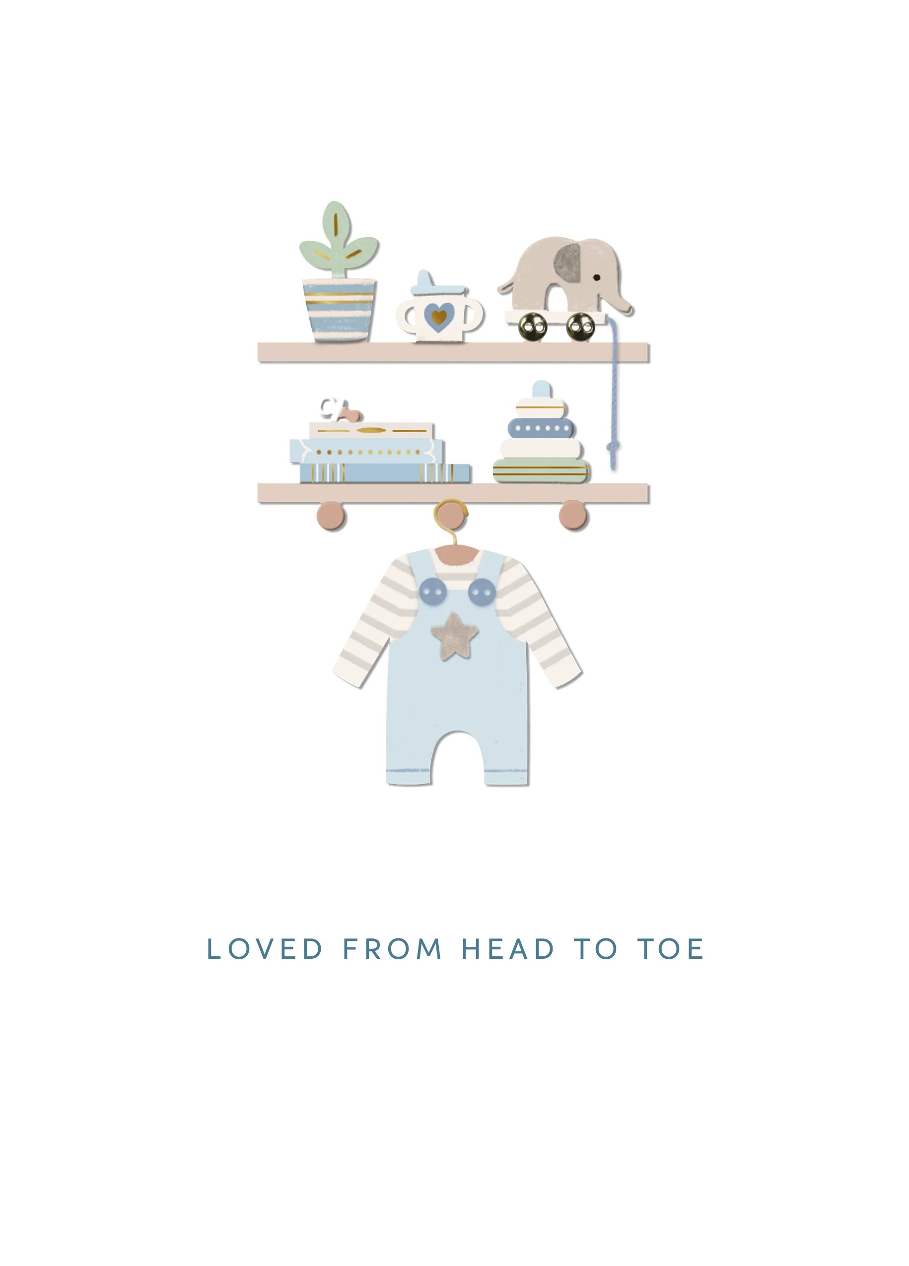 Personalised Baby Boy Birth Congratulations Card - Cute Illustrated Shelves Design