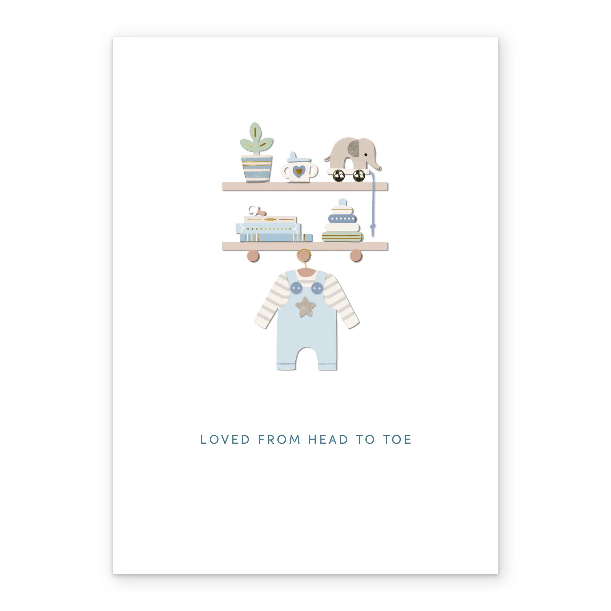 Personalised Baby Boy Birth Congratulations Card - Cute Illustrated Shelves Design - Image 2