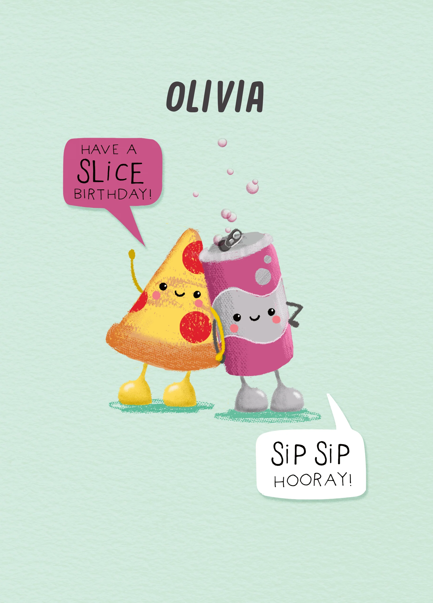 Personalised Better Together Pizza & Pop 'Sip Sip Hooray' Illustrated Birthday Card