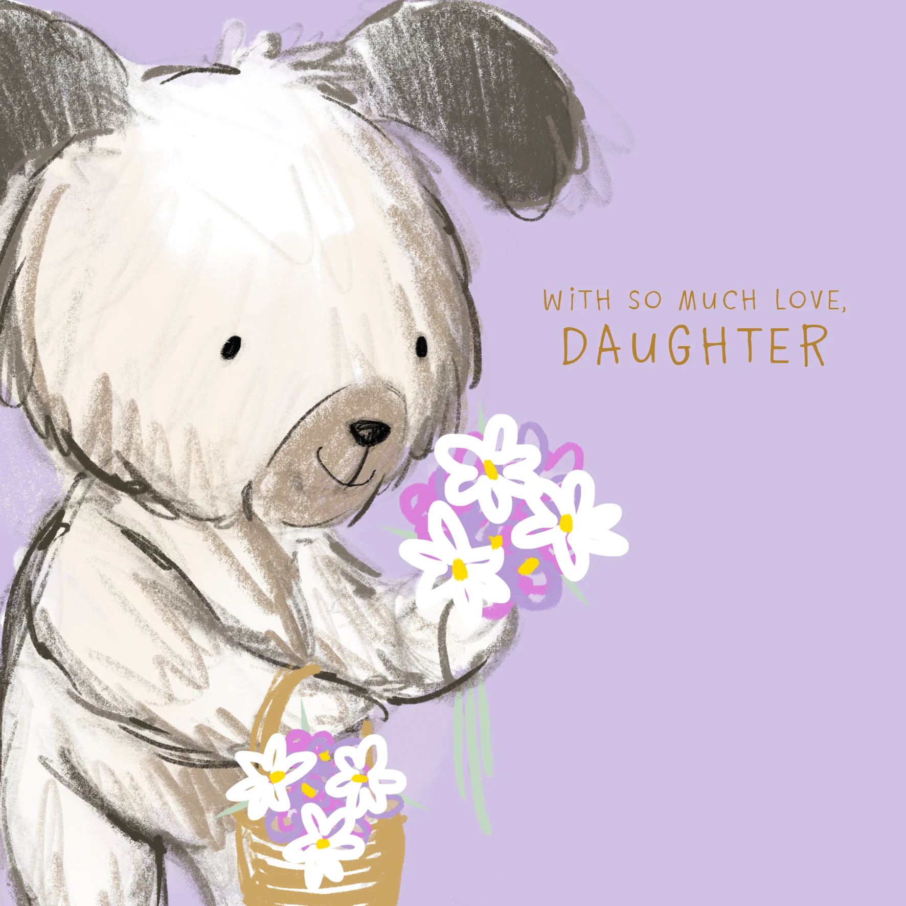 Personalised Birthday Card for Daughter - Cute Illustrated Dog with Flowers Design