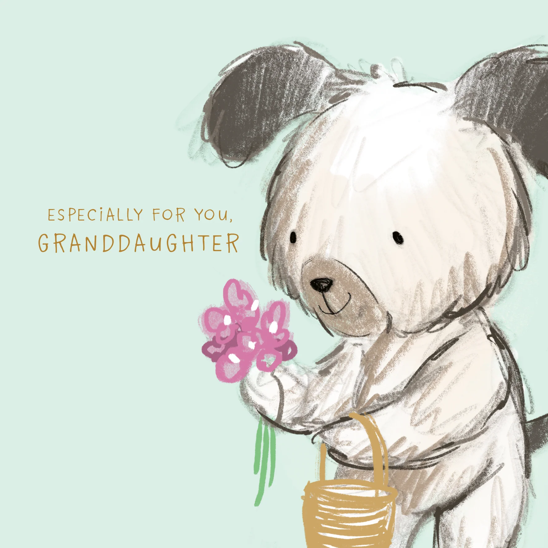 Personalised Birthday Card for Granddaughter - Cute Illustrated Dog with Flower Design