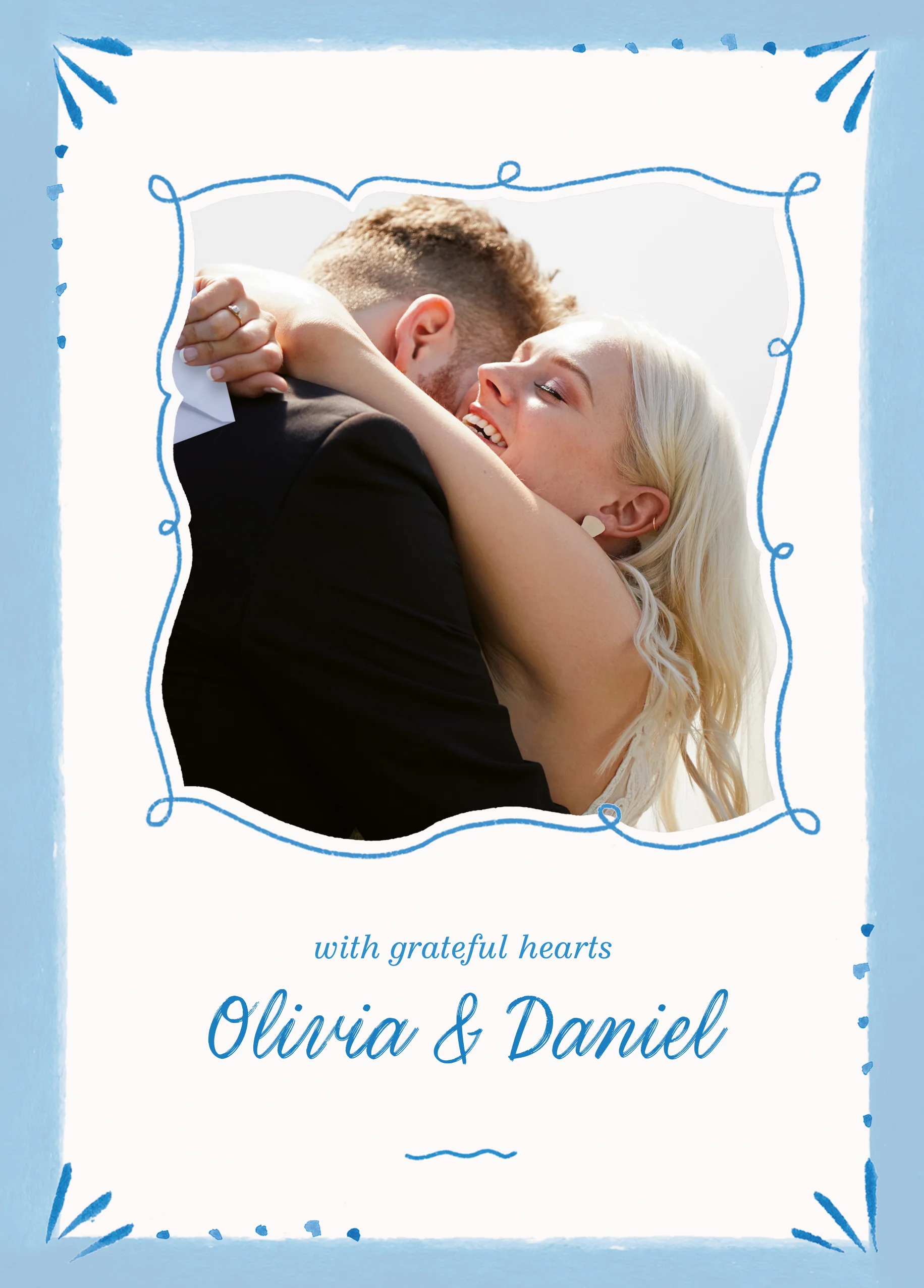 Personalised Blue & White Framed Photo Upload Wedding Thank You Card