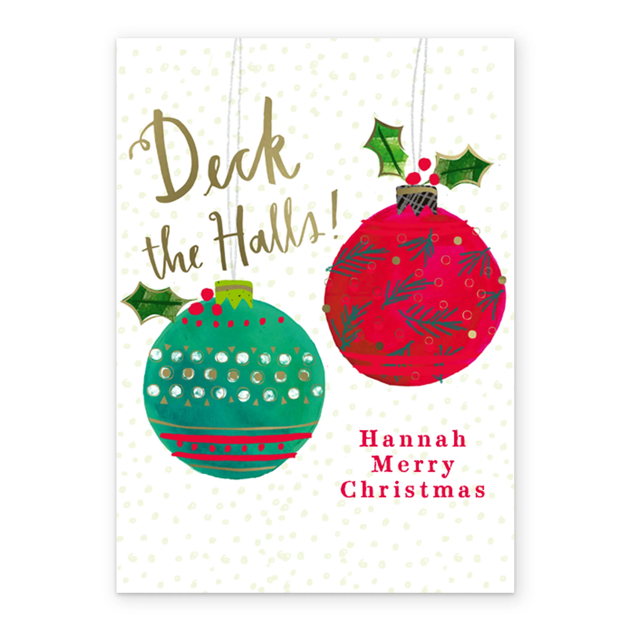 Personalised Classic Baubles and Holly Green & Red Christmas Card - Image 2