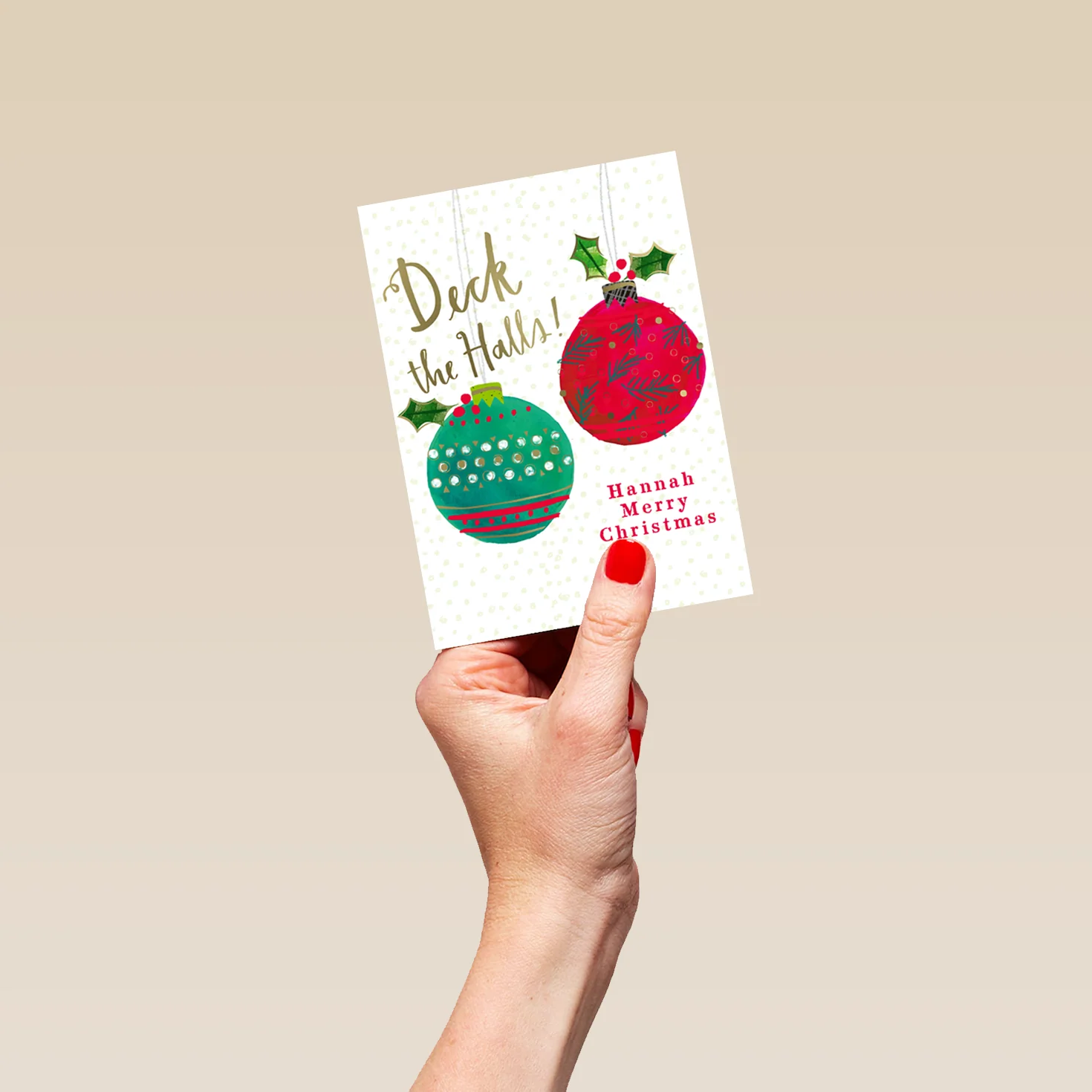 Personalised Classic Baubles and Holly Green & Red Christmas Card - Image 4