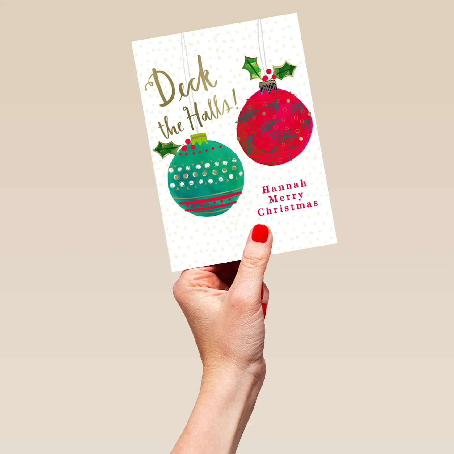 Personalised Classic Baubles and Holly Green & Red Christmas Card - Image 5