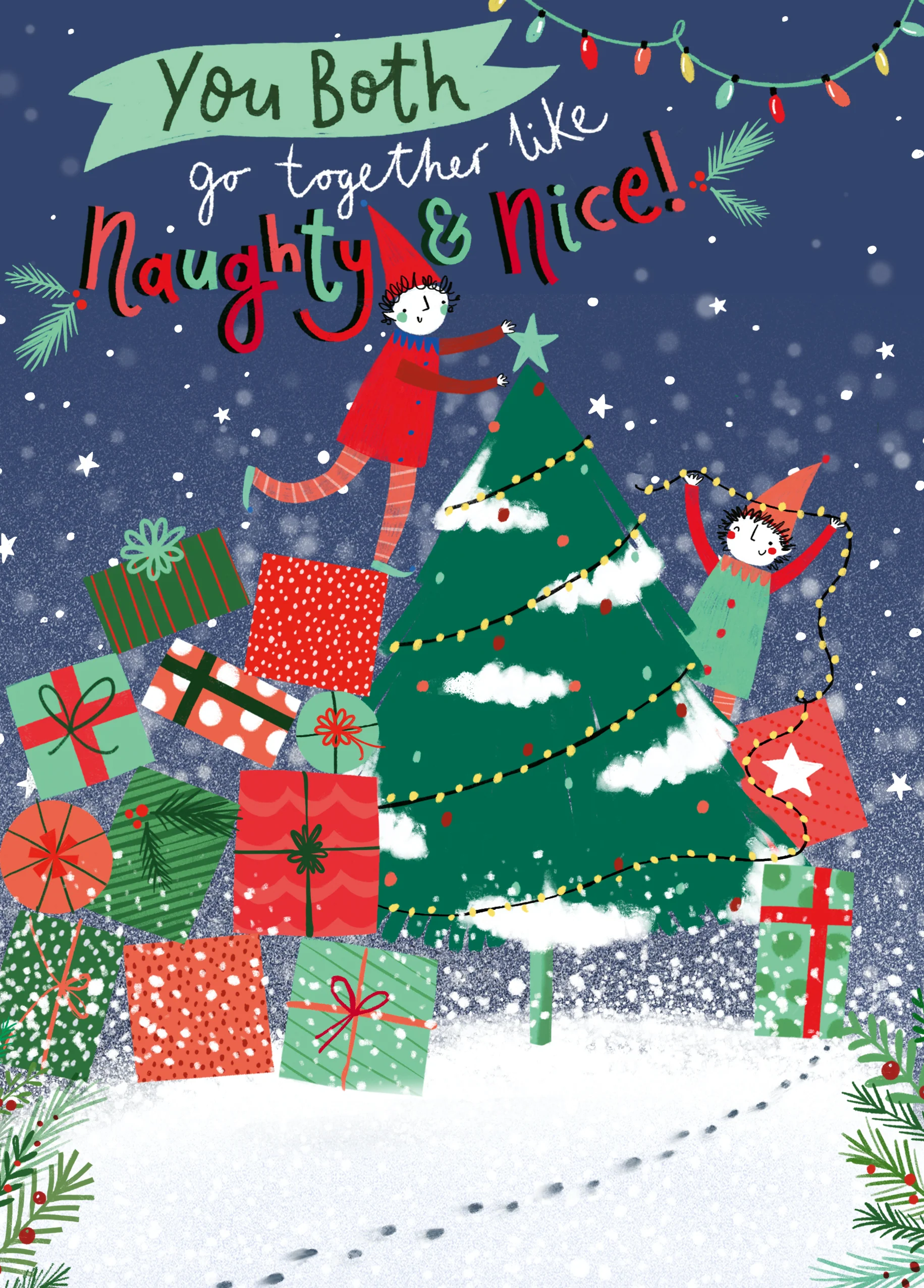 Personalised Classic Christmas Tree Elves & Presents To Both Card