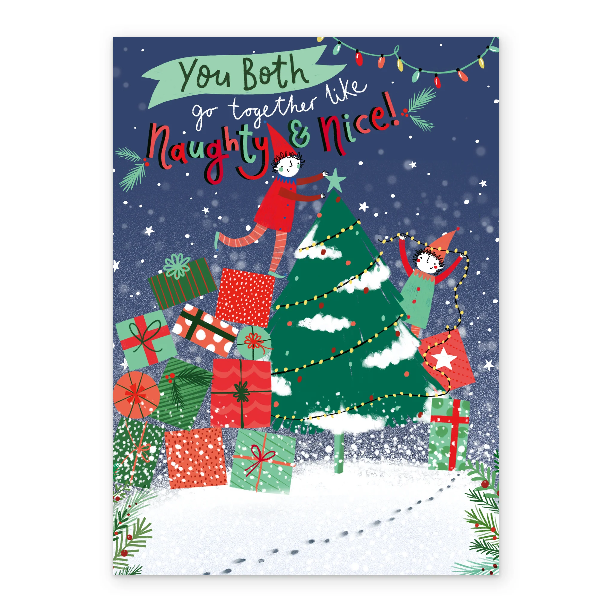 Personalised Classic Christmas Tree Elves & Presents To Both Card - Image 2