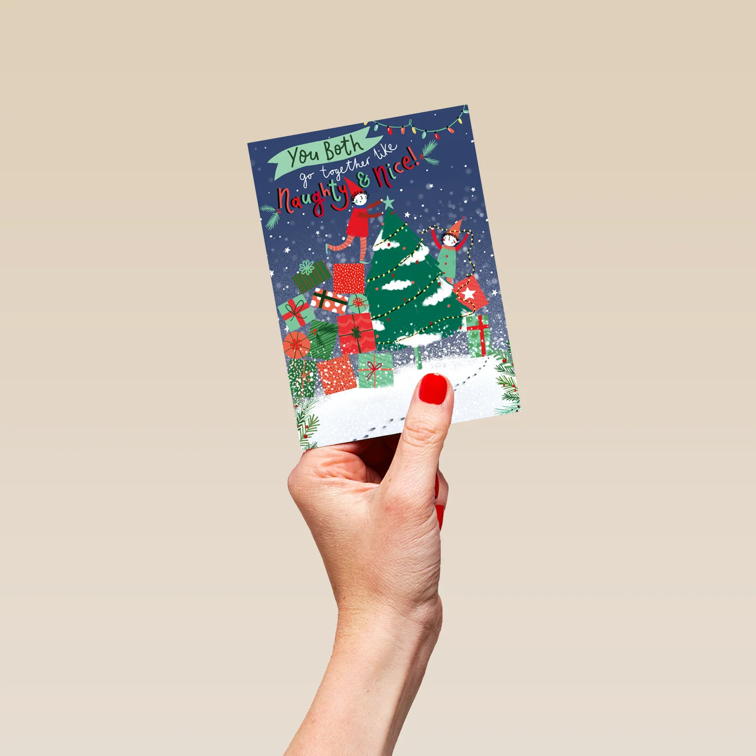 Personalised Classic Christmas Tree Elves & Presents To Both Card - Image 4