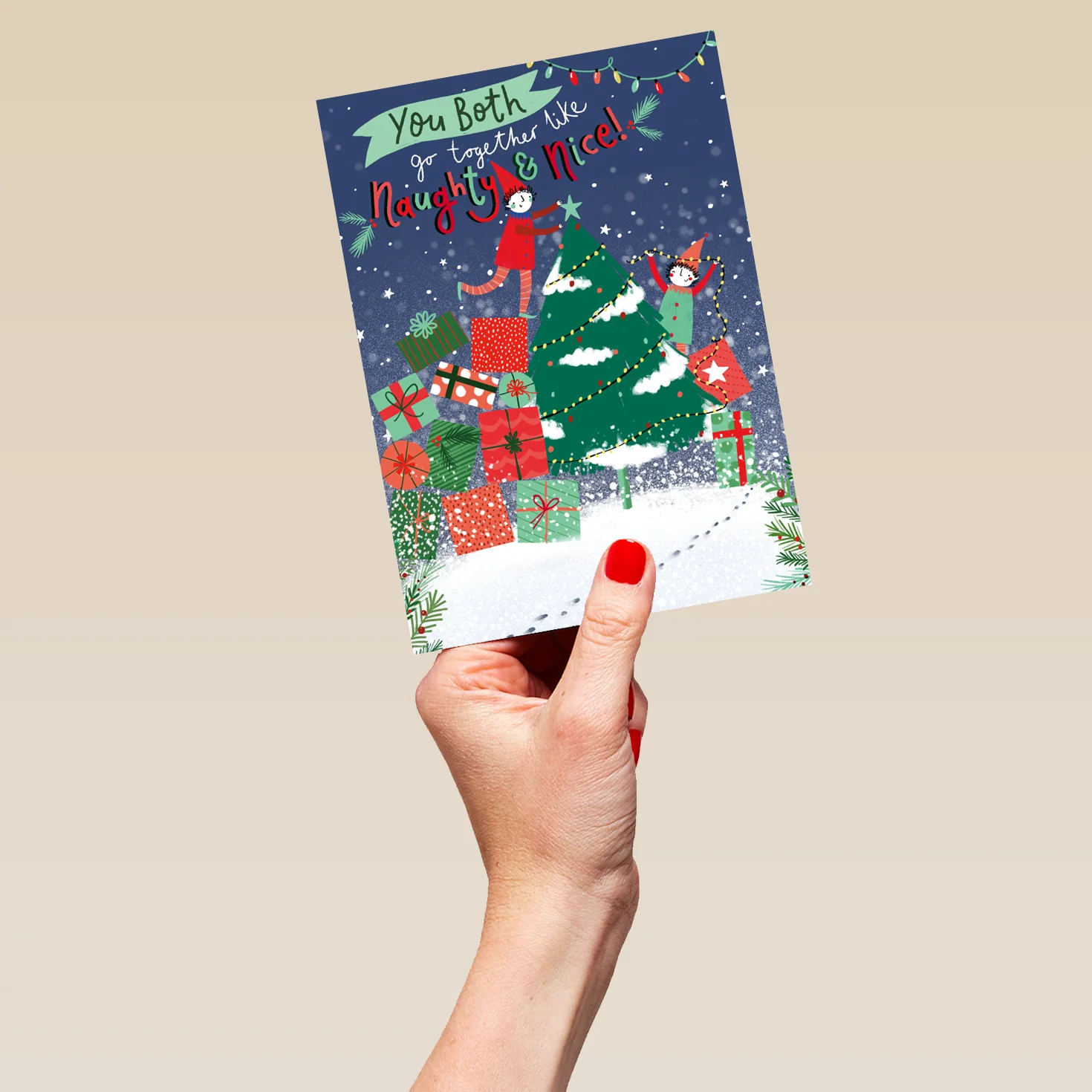 Personalised Classic Christmas Tree Elves & Presents To Both Card - Image 5