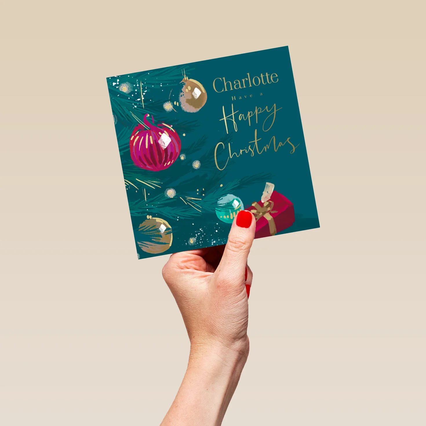 Personalised Classic Green & Gold Tree With Baubles Christmas Card - Image 5