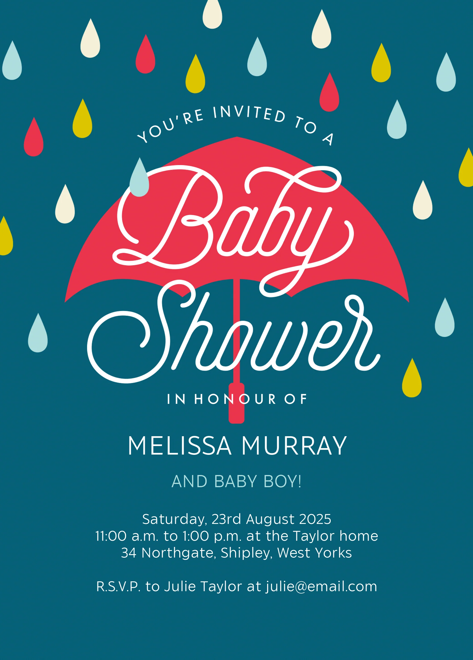 Personalised Colourful 'Raindrops & Umbrella' Baby Shower Invitation