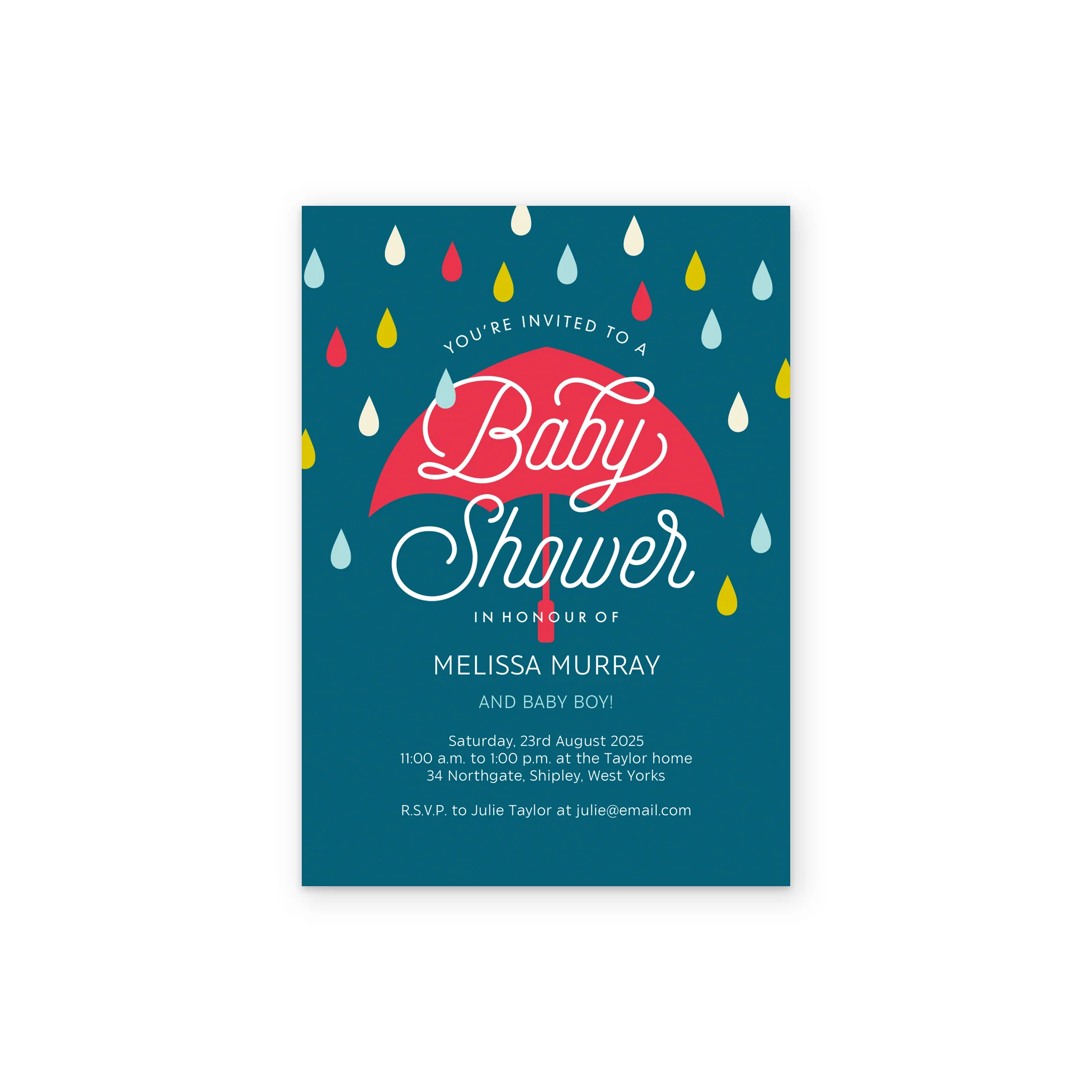Personalised Colourful 'Raindrops & Umbrella' Baby Shower Invitation - Image 2