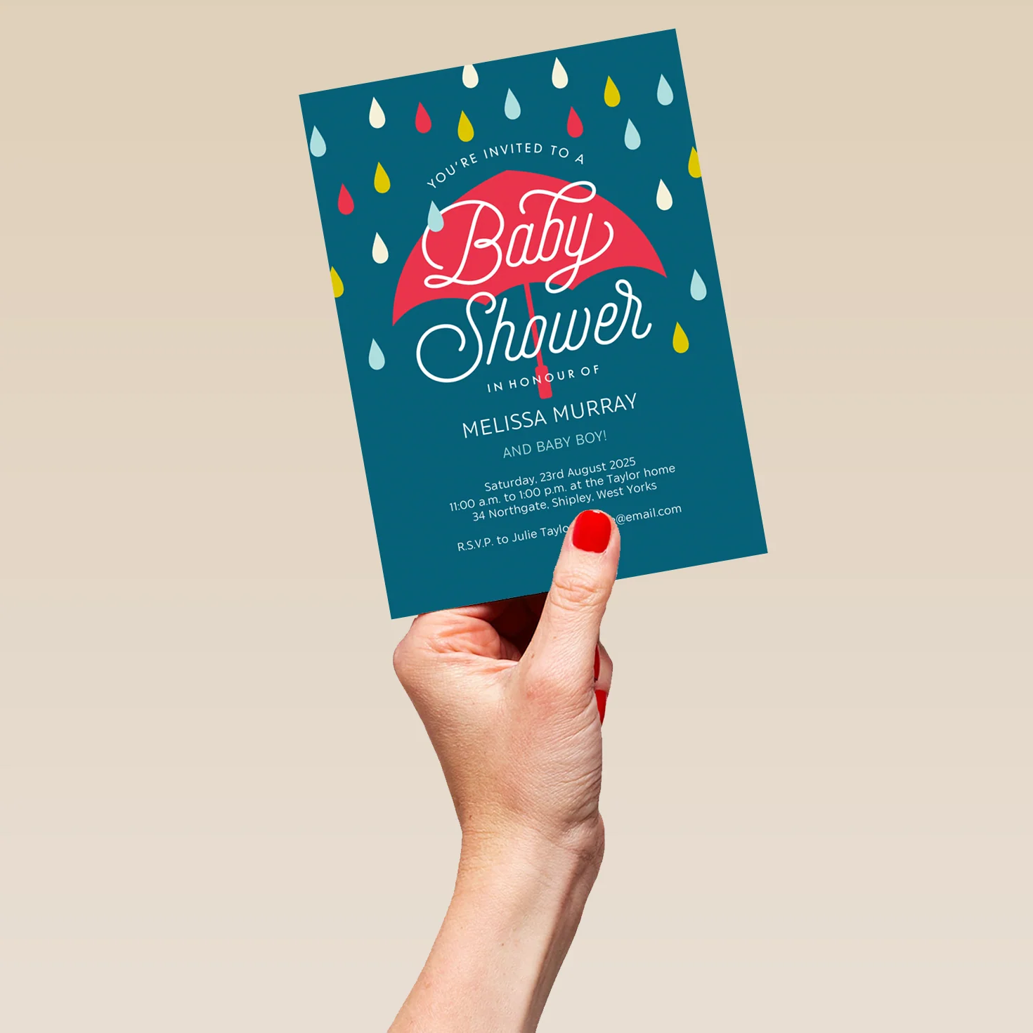 Personalised Colourful 'Raindrops & Umbrella' Baby Shower Invitation - Image 5