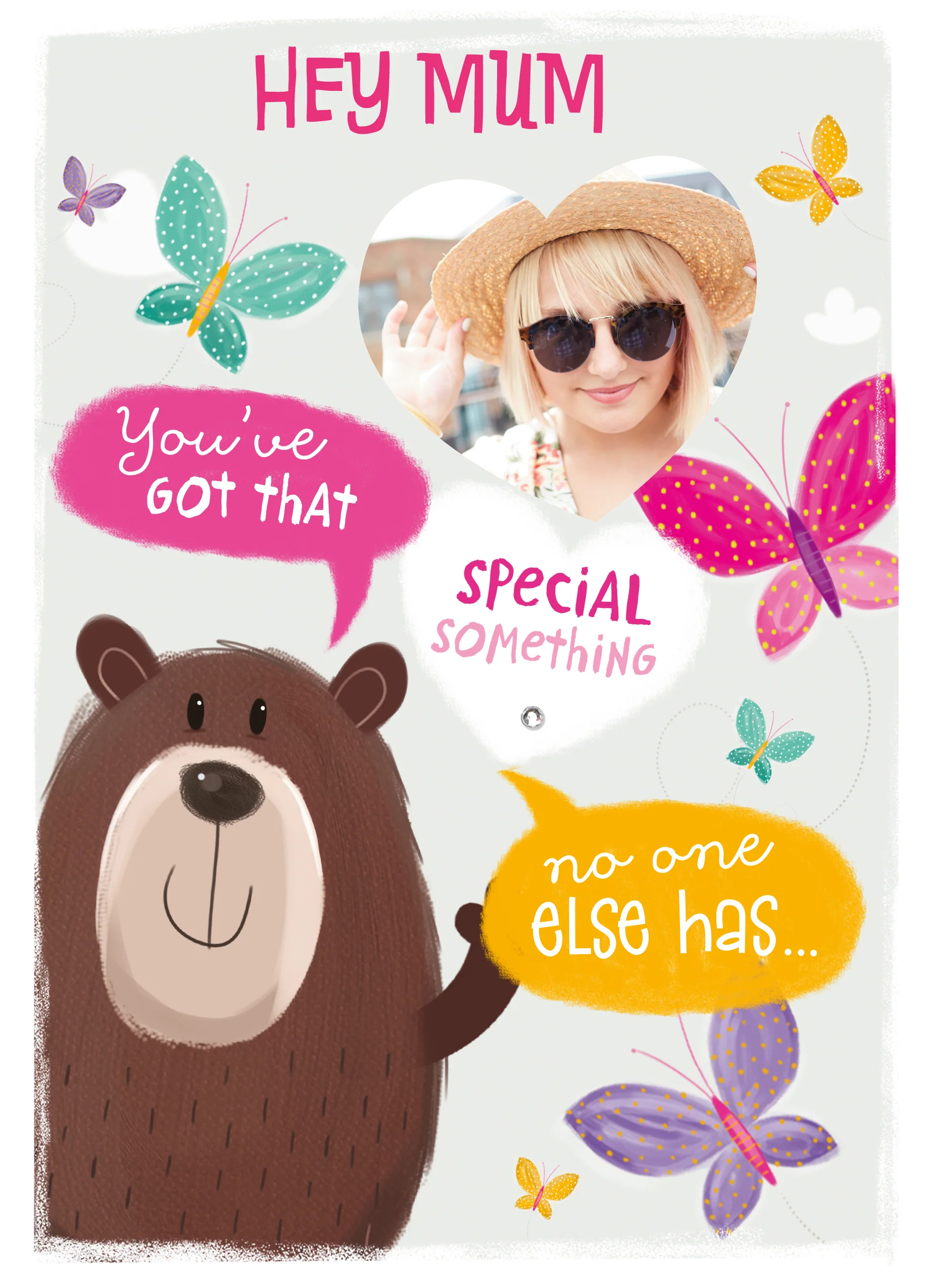 Personalised Cute Bear & Butterflies Heart Mother's Day Photo Upload Card For Mum