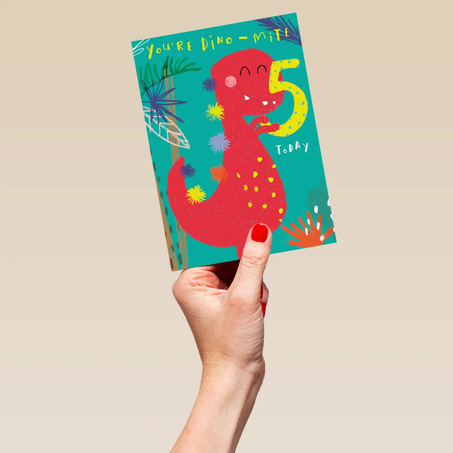 Personalised Cute Colourful Smiley Dinosaur 5th Birthday Card - Image 5