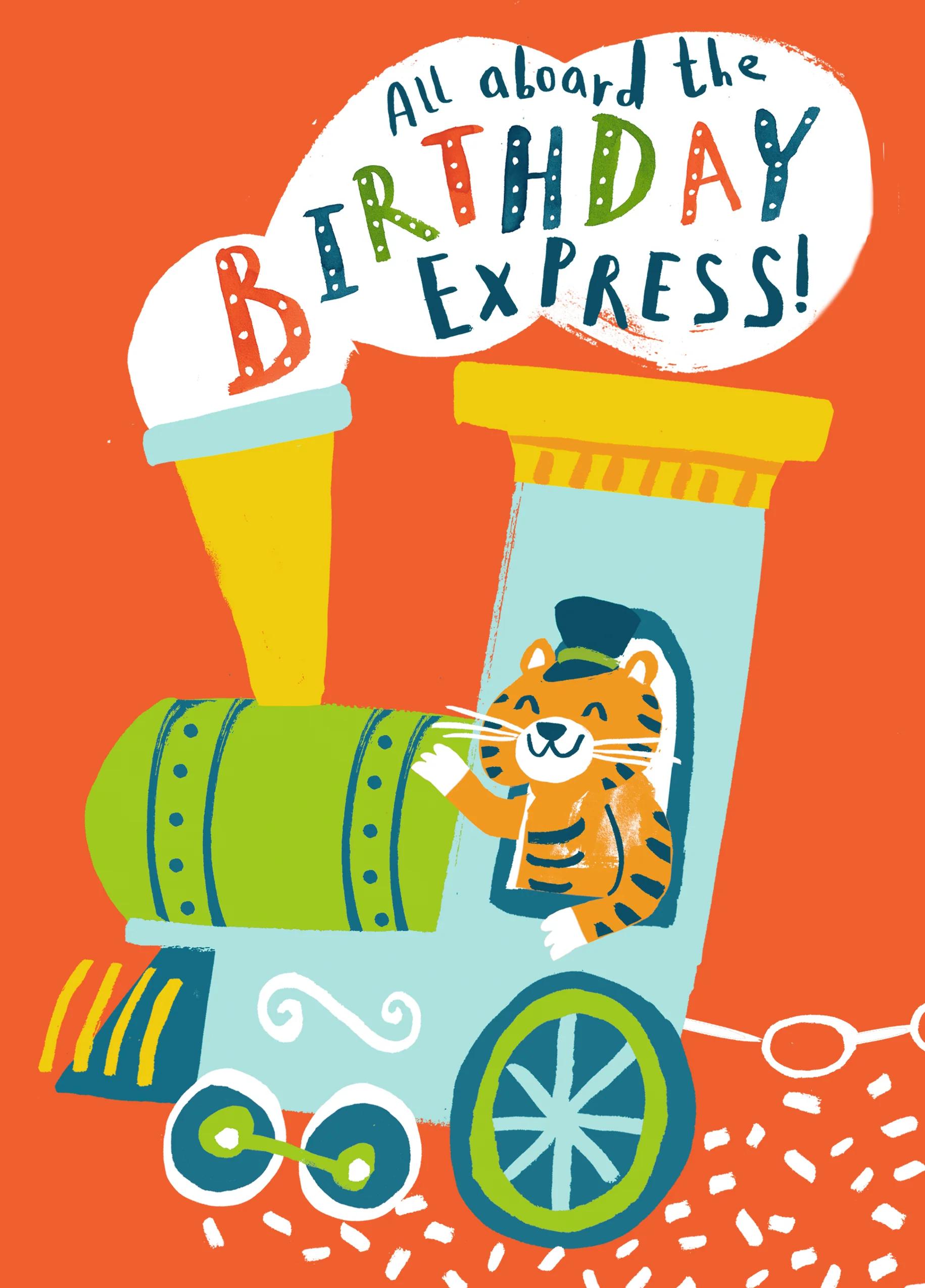 Personalised Cute Colourful Steam Train Tiger Kids Birthday Card